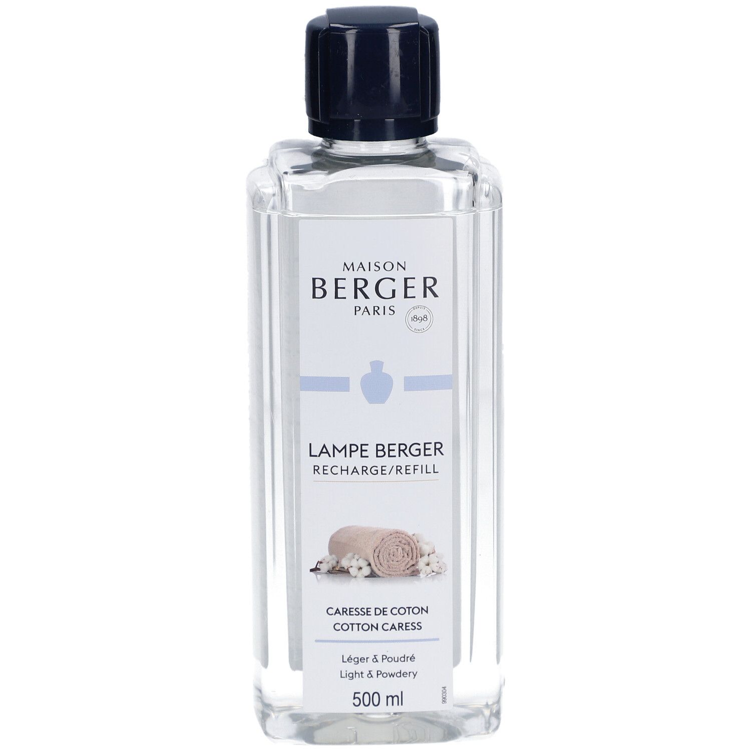 Lampe Berger Nachfüllung Caresse de Coton. Transparente Flasche mit blauem Deckel. Weißes Etikett mit Produktnamen und Logo.