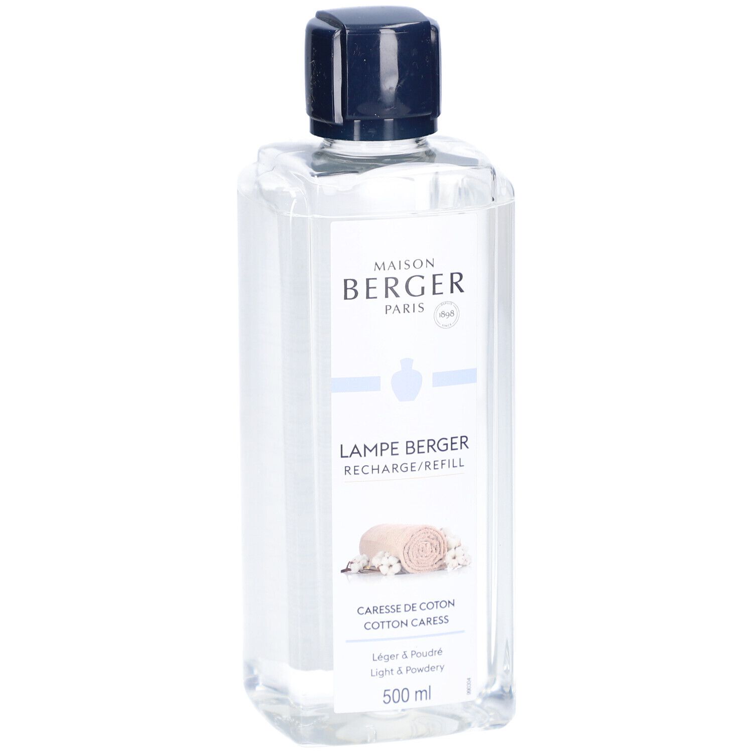 Lampe Berger Nachfüllung Caresse de Coton. Transparente Flasche mit blauem Deckel. Weißes Etikett mit Produktnamen und Logo.
