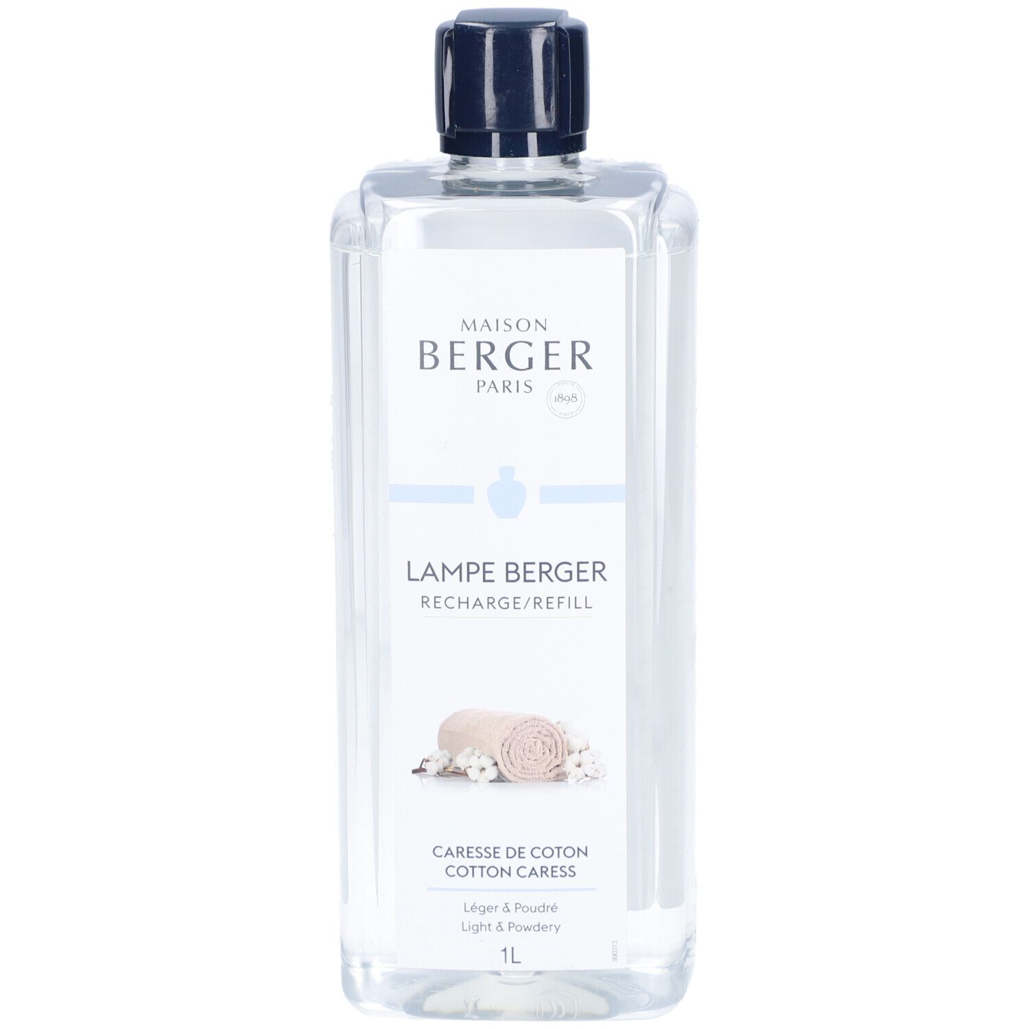 Klare Flasche mit blauem Verschluss. Aufschrift: Maison Berger Paris, Lampe Berger, Caresse de Coton. 1L.