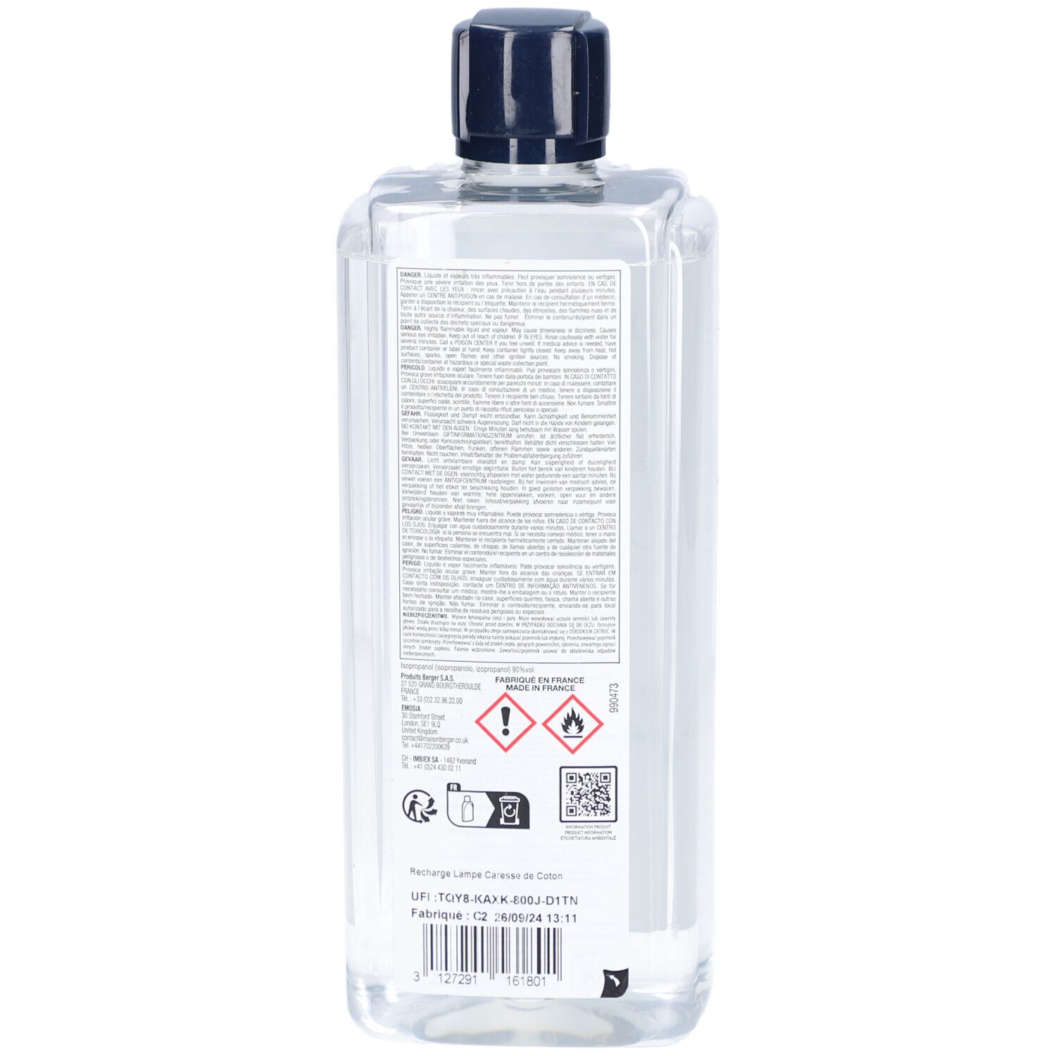 Rückseite einer transparenten Flasche mit blauem Verschluss. Text und Piktogramme. Hergestellt in Frankreich.