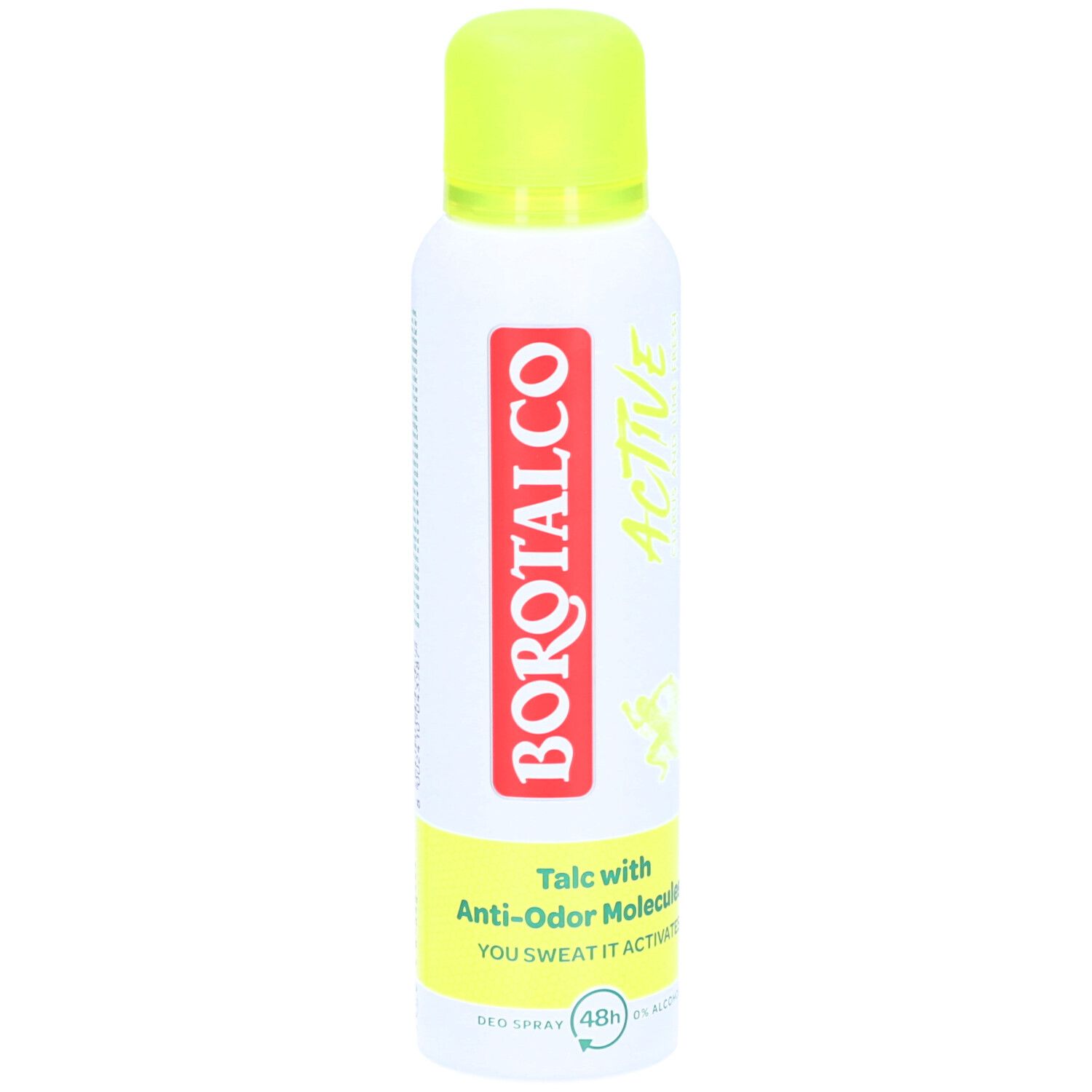 Weißes Deospray mit grünem Deckel. BOROTALCO-Logo. ACTIVE-Schriftzug. Talc with Anti-Odor Molecules. 48h. 0% Alkohol.