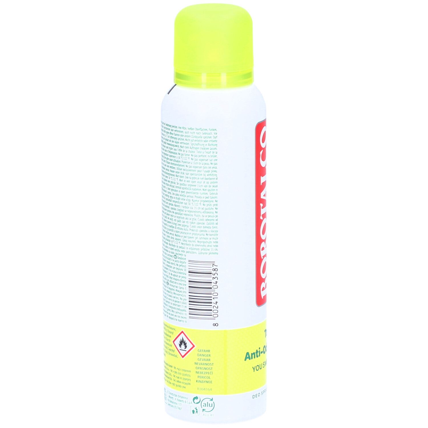 Deospray-Rückseite. Text in mehreren Sprachen. Barcode. Warnhinweise. 0% Alkohol. 150ml.