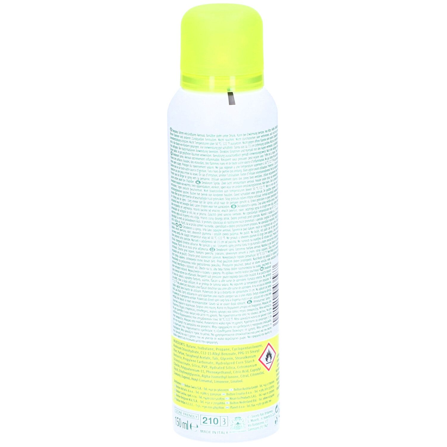Deospray-Rückseite. Text in mehreren Sprachen. Warnhinweise. 0% Alkohol. 150ml.