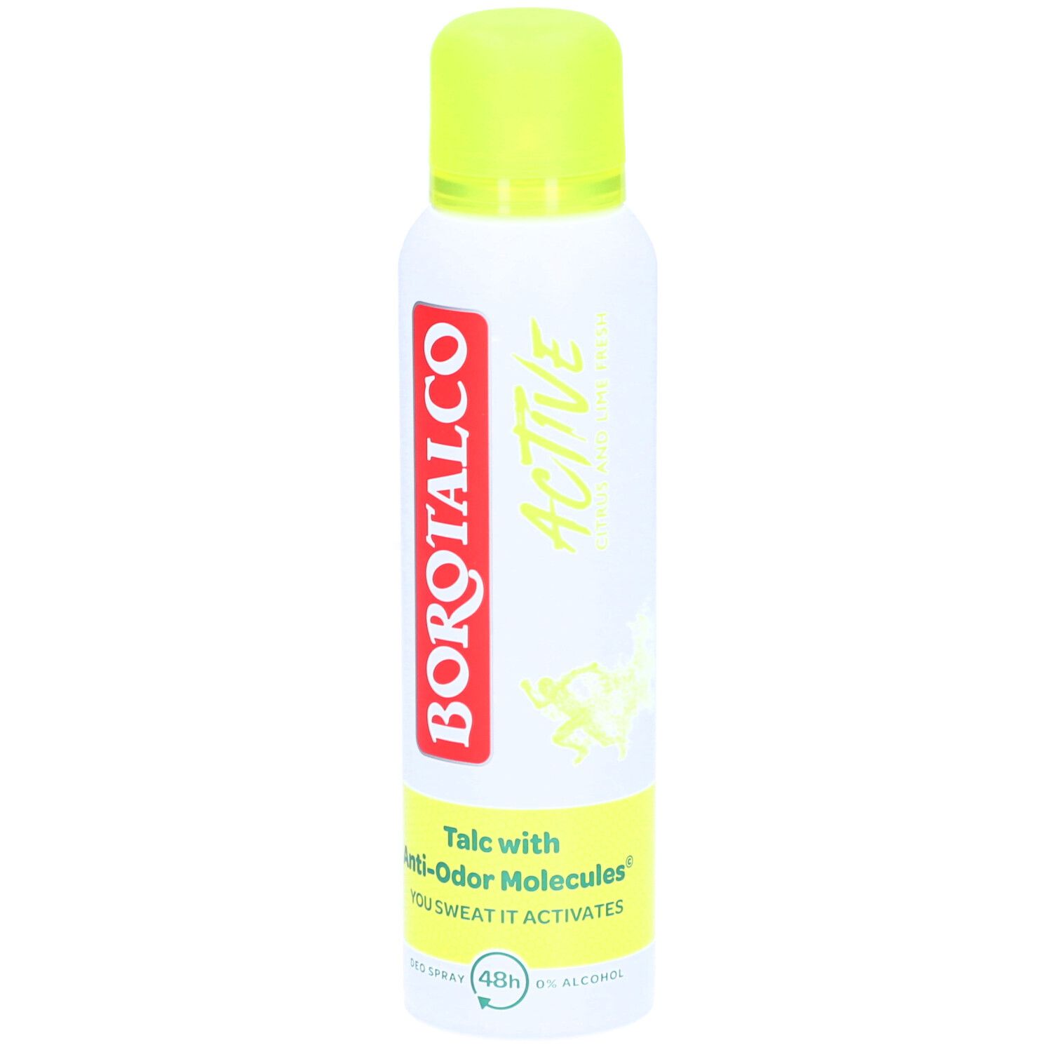 Weißes Deospray mit grünem Deckel. BOROTALCO-Logo. ACTIVE-Schriftzug. Talc with Anti-Odor Molecules. 48h. 0% Alkohol.