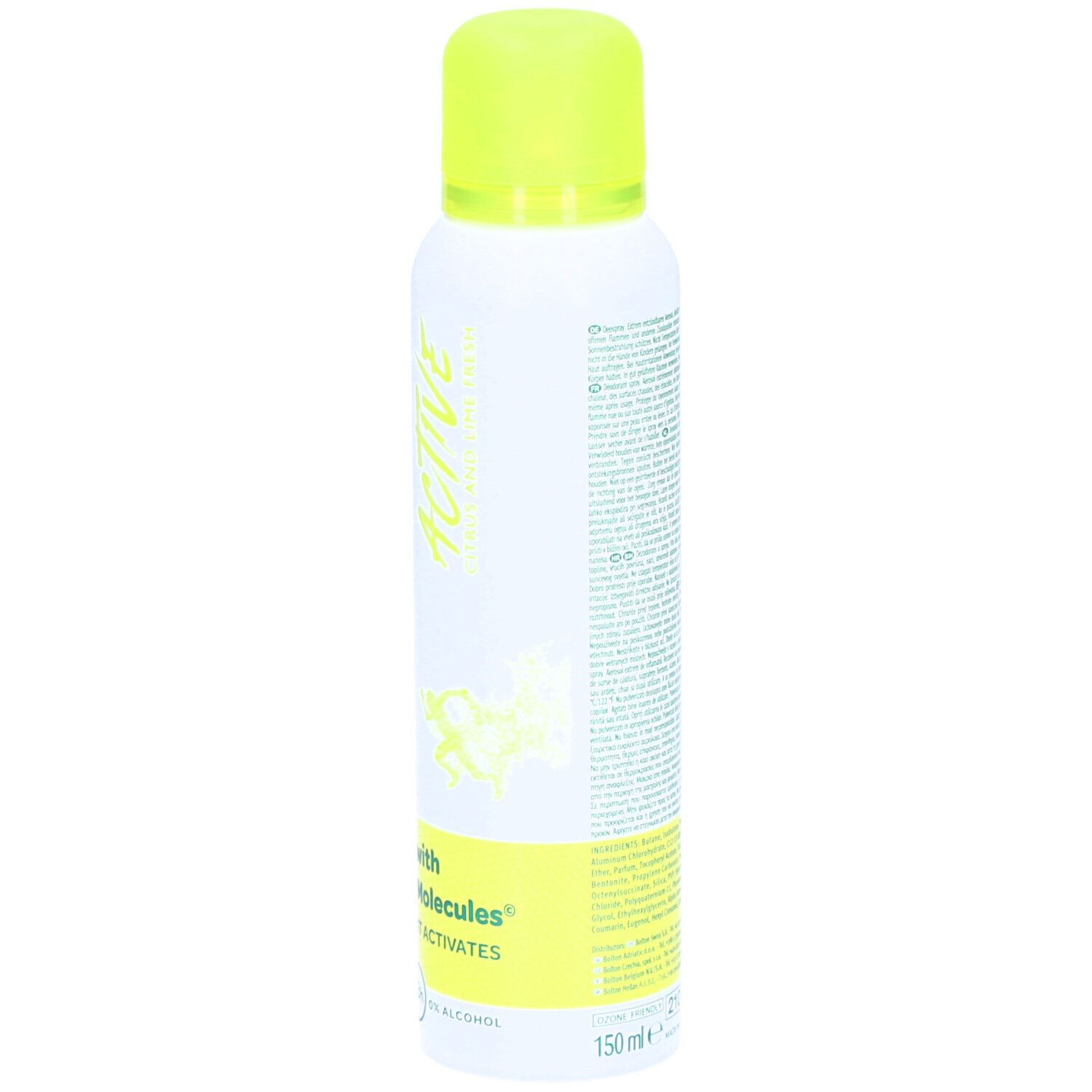 Deospray-Rückseite. Text in mehreren Sprachen. 150ml. 0% Alkohol.