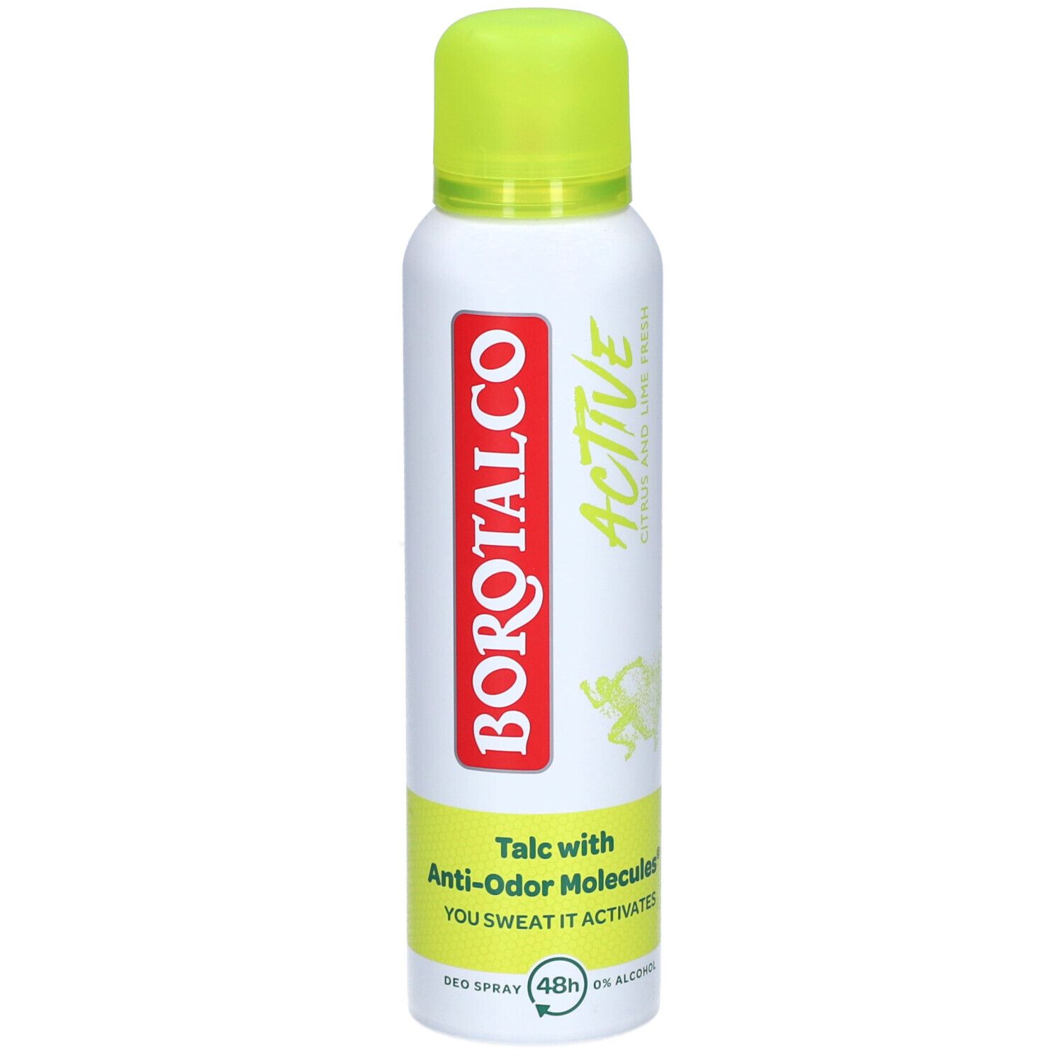 Weißes Deospray mit grünem Deckel. BOROTALCO-Logo. ACTIVE-Schriftzug. Talc with Anti-Odor Molecules. 48h. 0% Alkohol.