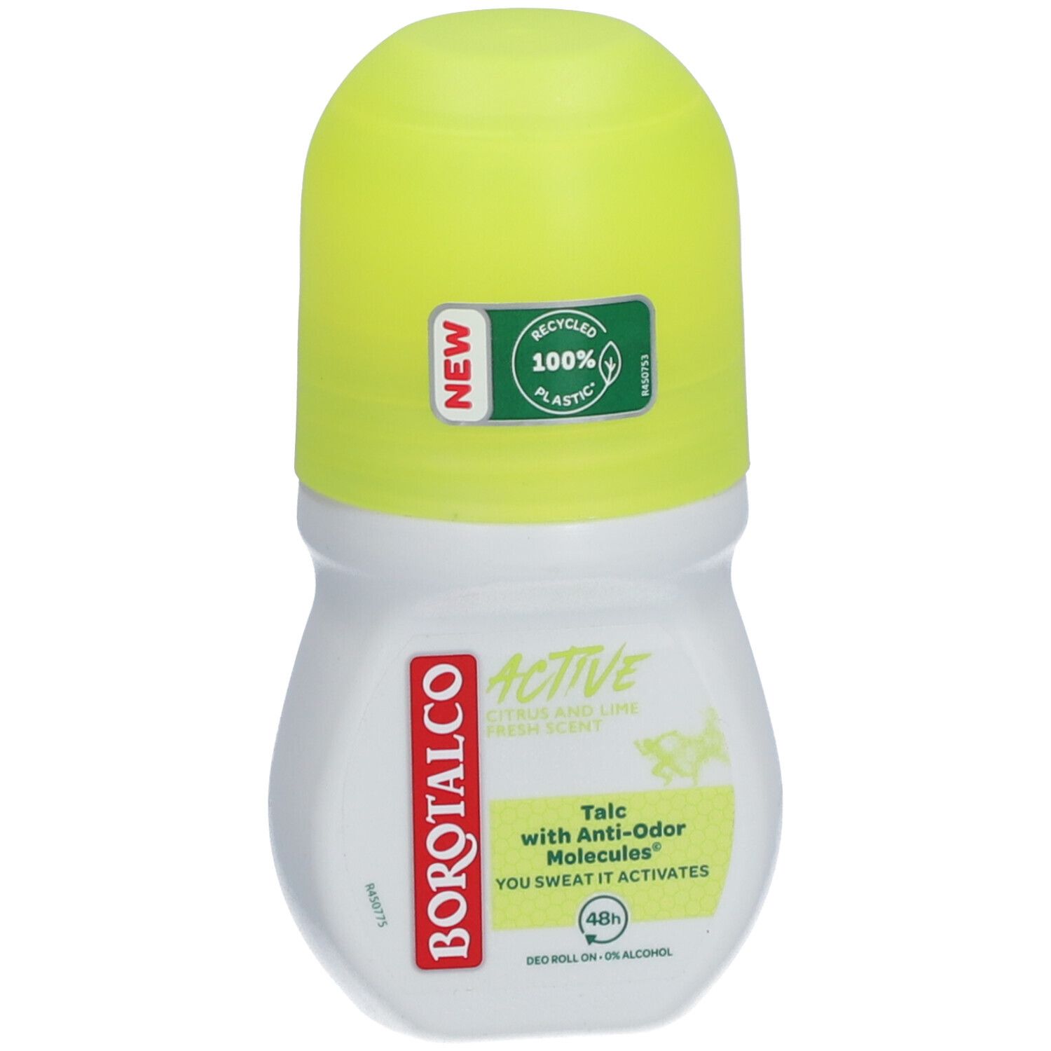 Roll-on blanc et bouchon jaune. Inscriptions: BOROTALCO, ACTIVE, Citron vert. Molécules anti-odeurs. Plastique 100% recyclé.