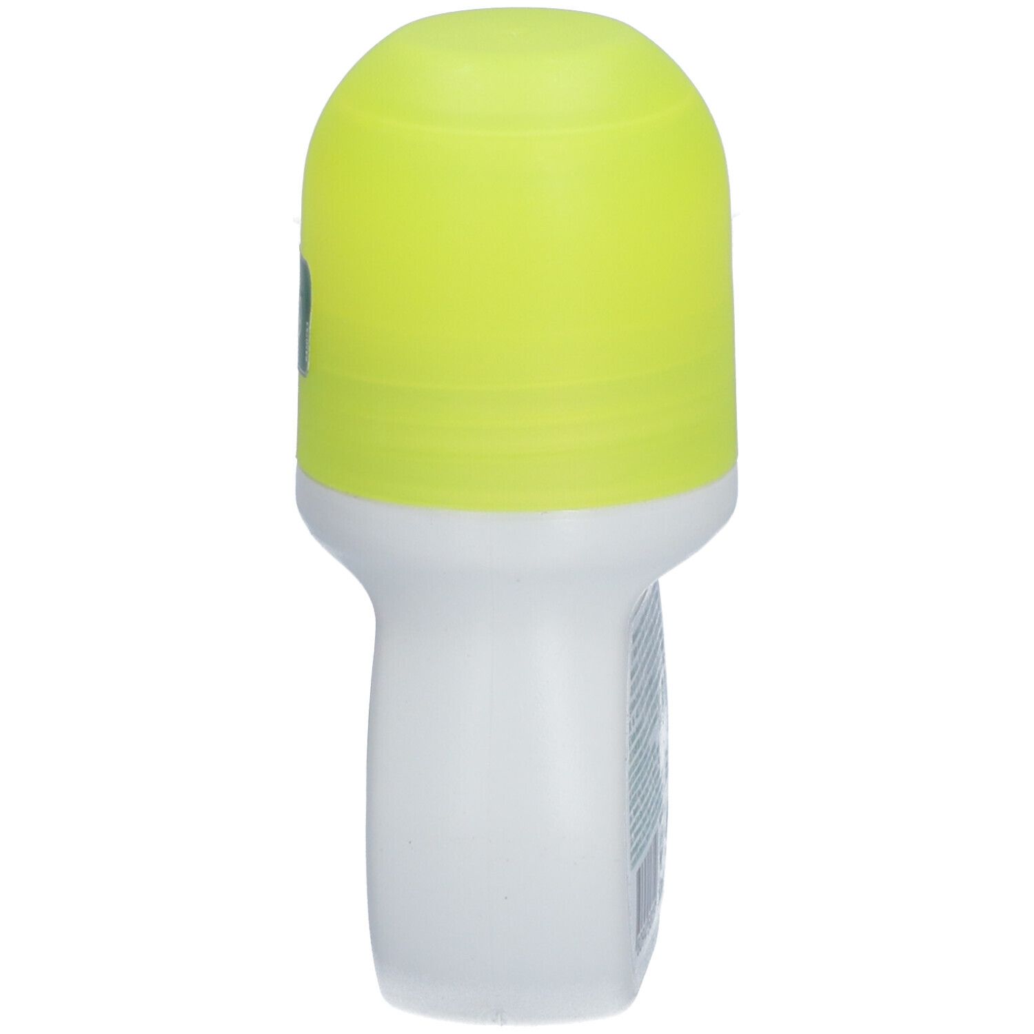 Vue latérale d'un déodorant roll-on blanc avec bouchon jaune. Inscription: BOROTALCO. Autocollant 'NEW'.