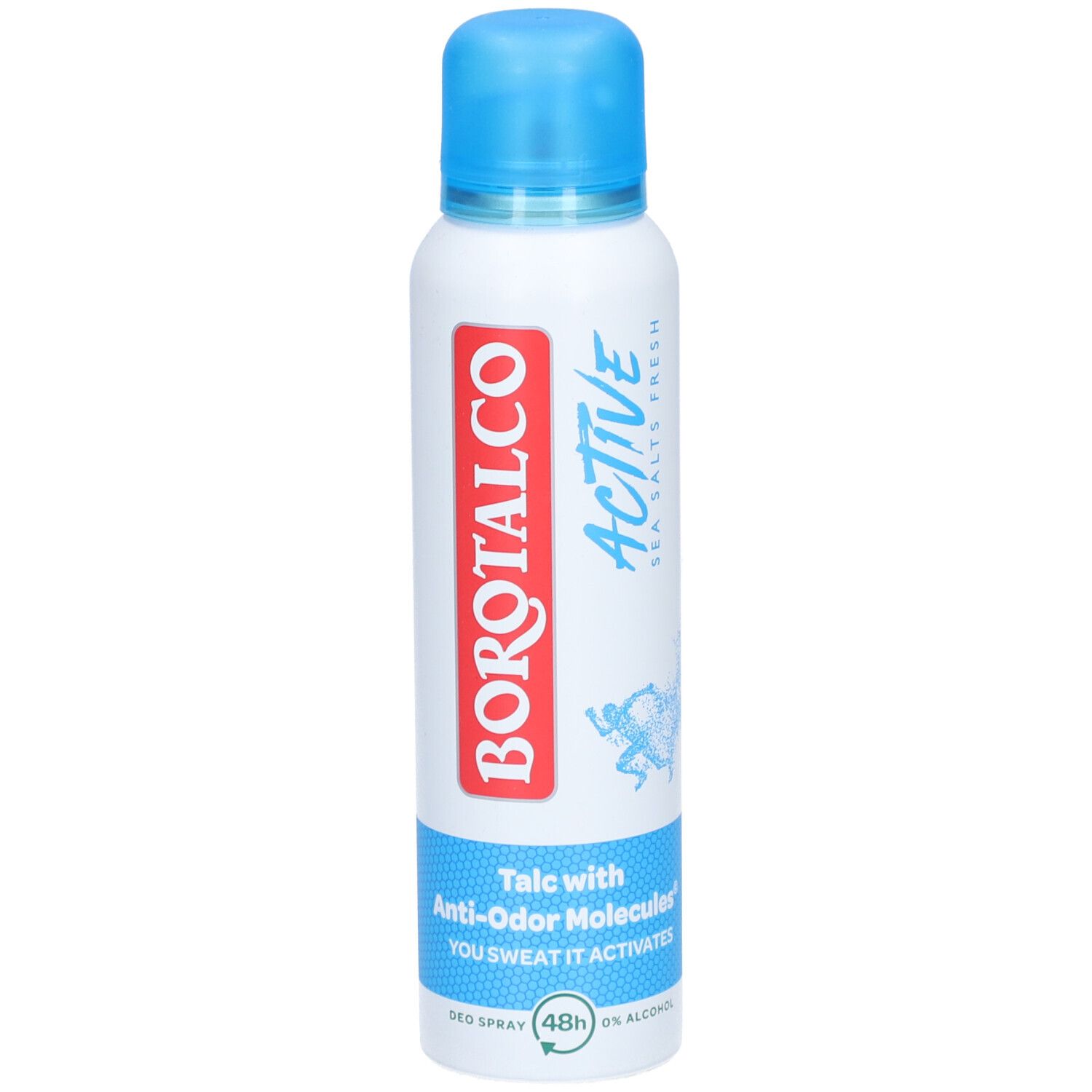 Weißes Deospray mit blauem Deckel. Roter Schriftzug BOROTALCO, darunter ACTIVE. Blaue Banderole mit Text. 48h Schutz.