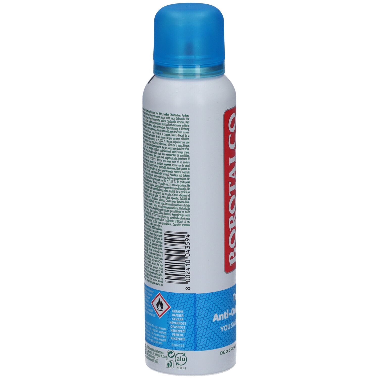Deospray-Rückseite mit Text. Blaue Banderole mit Text und Piktogrammen. Aluminium-Recycling-Symbol.