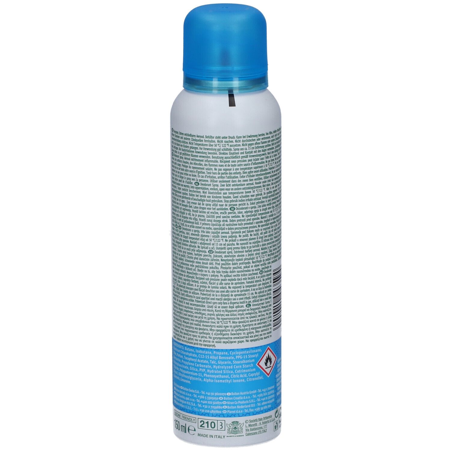 Deospray-Rückseite mit Text. Blaue Banderole mit Text und Piktogrammen. Aluminium-Recycling-Symbol.