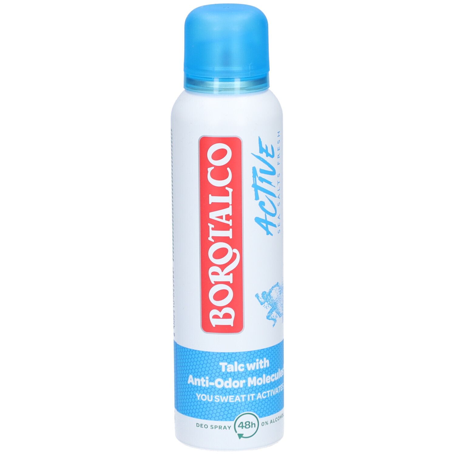 Weißes Deospray mit blauem Deckel. Roter Schriftzug BOROTALCO, darunter ACTIVE. Blaue Banderole mit Text. 48h Schutz.