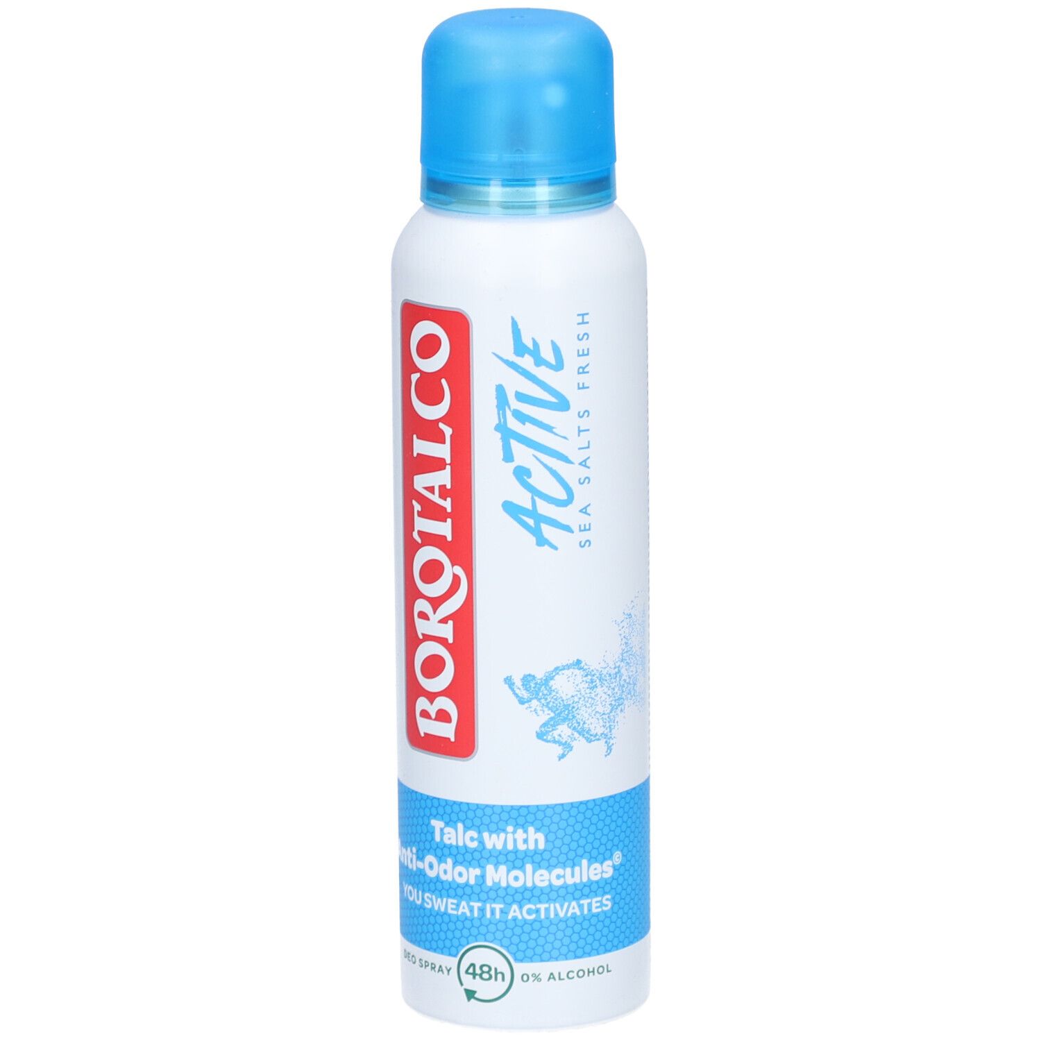 Weißes Deospray mit blauem Deckel. Roter Schriftzug BOROTALCO, darunter ACTIVE. Blaue Banderole mit Text. 48h Schutz.