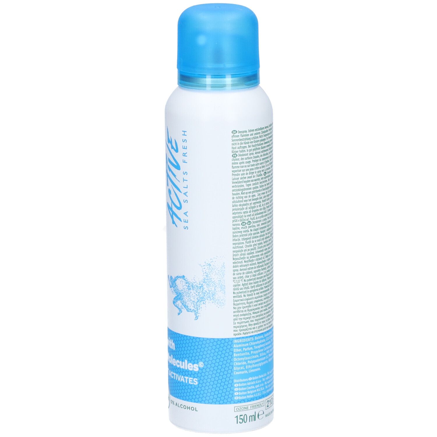 Deospray-Rückseite mit Text. Blaue Banderole mit Text und Piktogrammen. Aluminium-Recycling-Symbol.