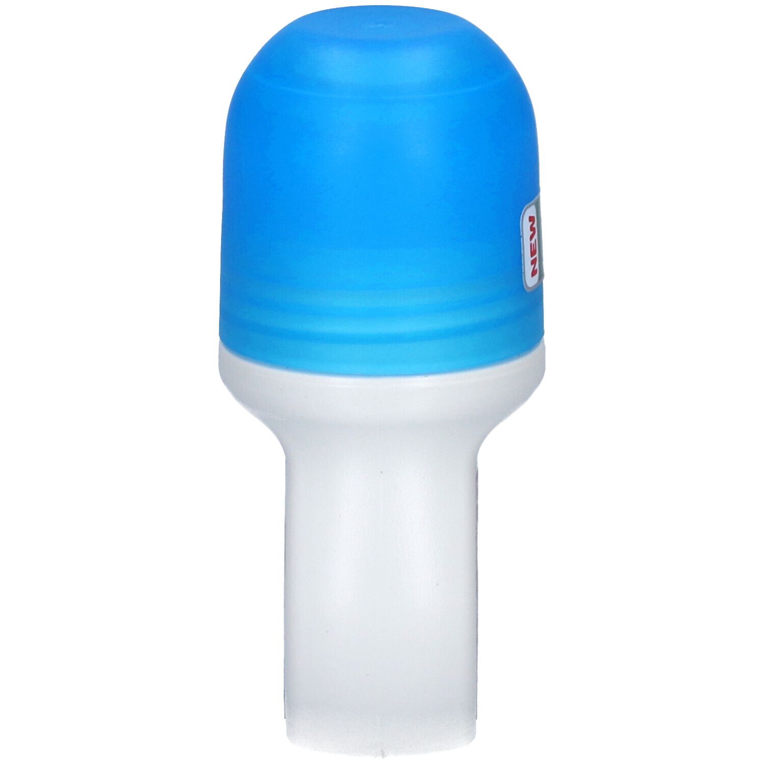 Deo Roll-on, weißer Behälter mit blauem Deckel. Seitliche Ansicht. Aufschrift: NEW.