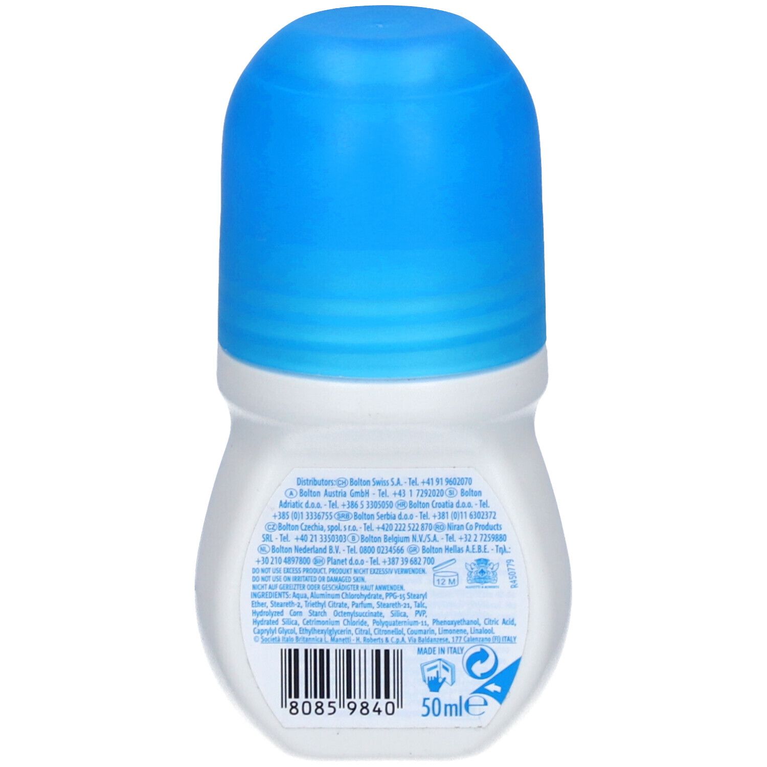 Rückseite des Deo Roll-ons. Aufschrift: Inhaltsstoffe, Herstellerinformationen, 50ml, Barcode.