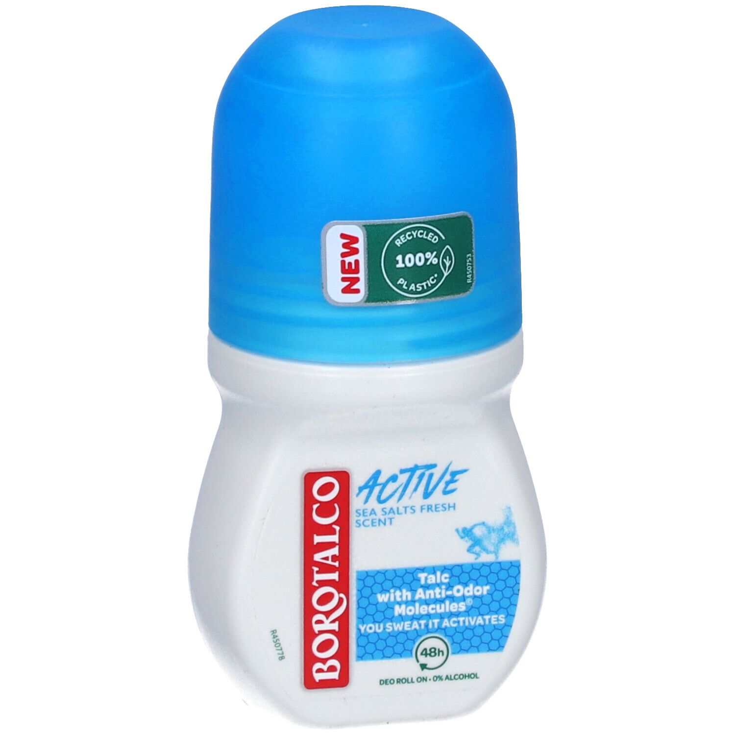 Deo Roll-on mit blauem Deckel. Aufschrift: BOROTALCO ACTIVE, Meersalzduft, 100% recyceltes Plastik.