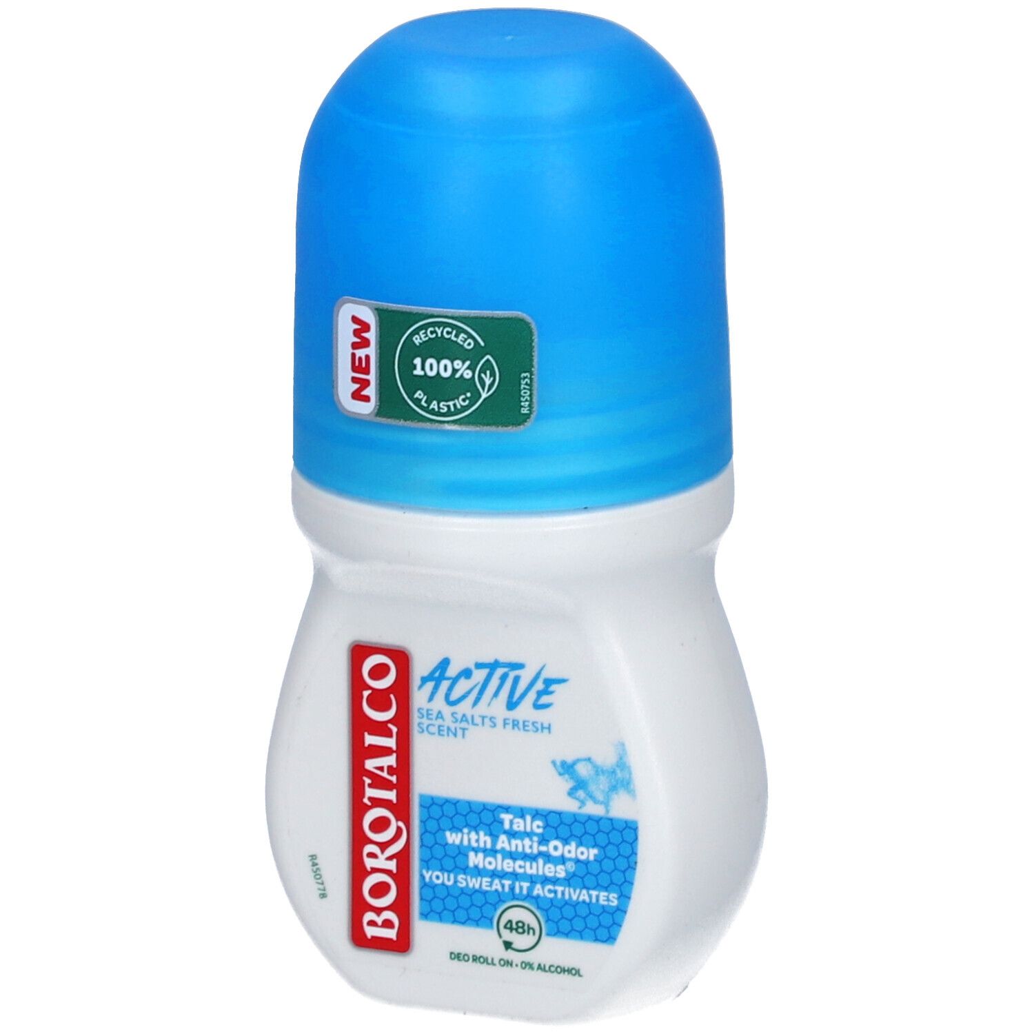 Deo Roll-on mit blauem Deckel. Aufschrift: BOROTALCO ACTIVE, Meersalzduft, 100% recyceltes Plastik.
