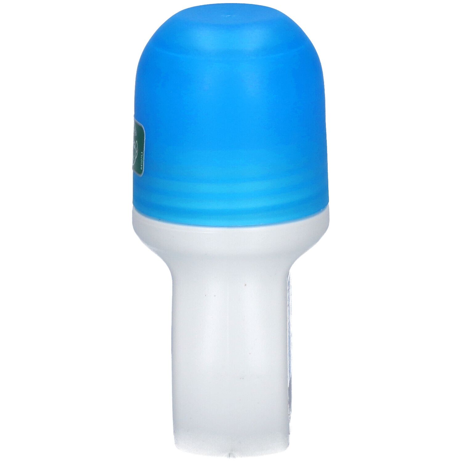 Deo Roll-on, weißer Behälter mit blauem Deckel. Seitliche Ansicht.