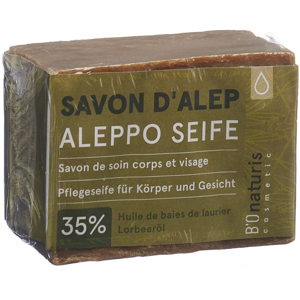 Aleppo Seife, rechteckig, in Folie verpackt. Aufschrift: Savon d'Alep, Aleppo Seife, 35% Lorbeeröl. B'onaturis cosmetic.