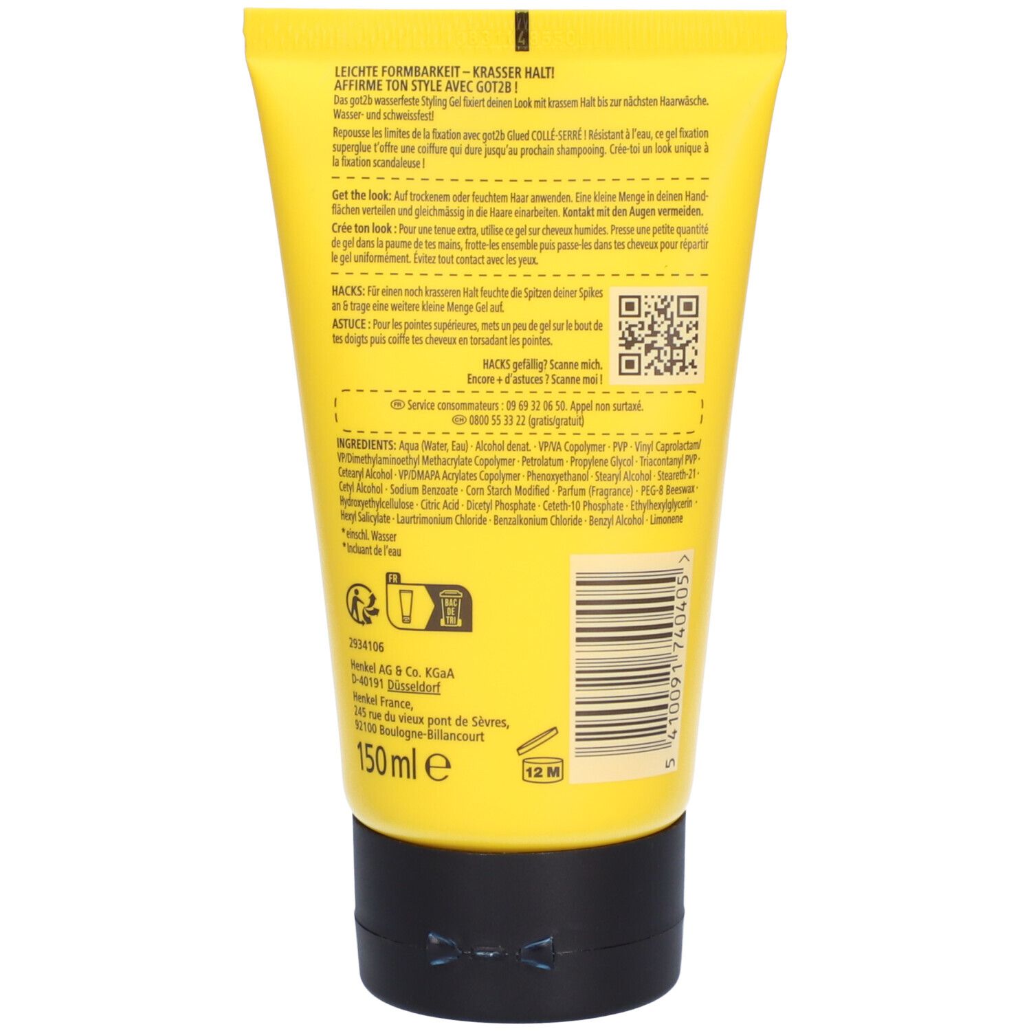 Dos du tube de gel got2b Glued jaune. Texte et code QR. Ingrédients. 150 ml. Symbole 12M.