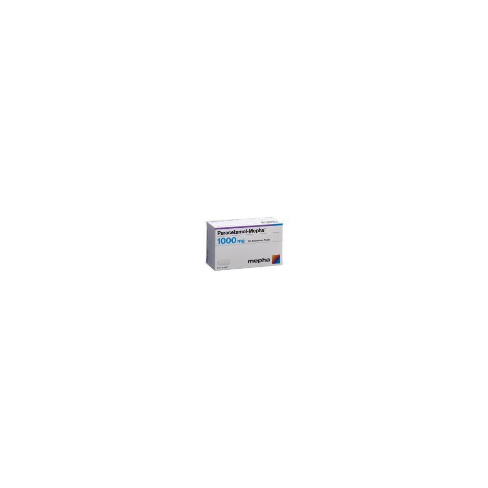 Schachtel mit Paracetamol-Mepha Filmtabl 1000 mg. Blaue und weiße Verpackung mit Produktnamen und Dosierung.