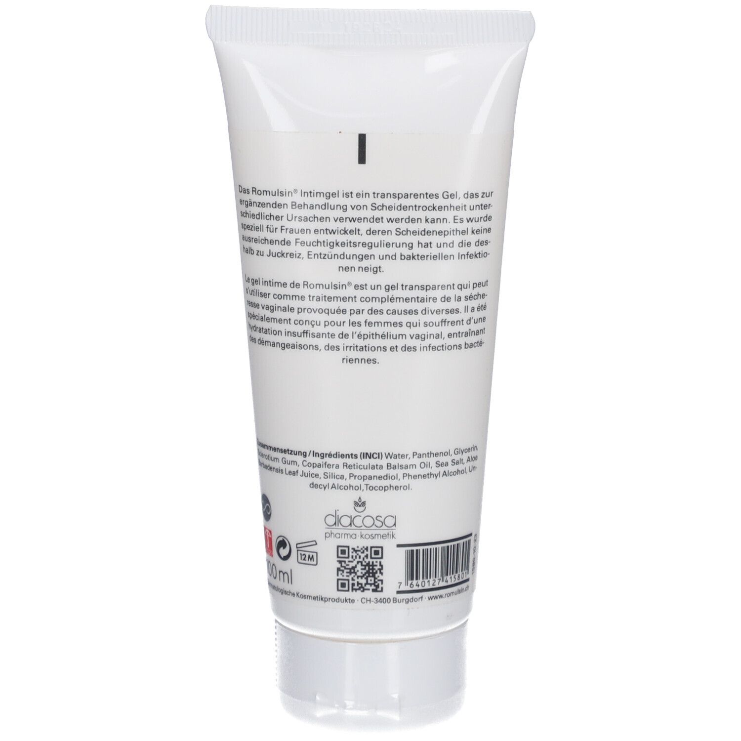 Rückseite der Tube. Text in deutscher und französischer Sprache. Inhaltsstoffe und Herstellerinformationen. Barcode und QR-Code.