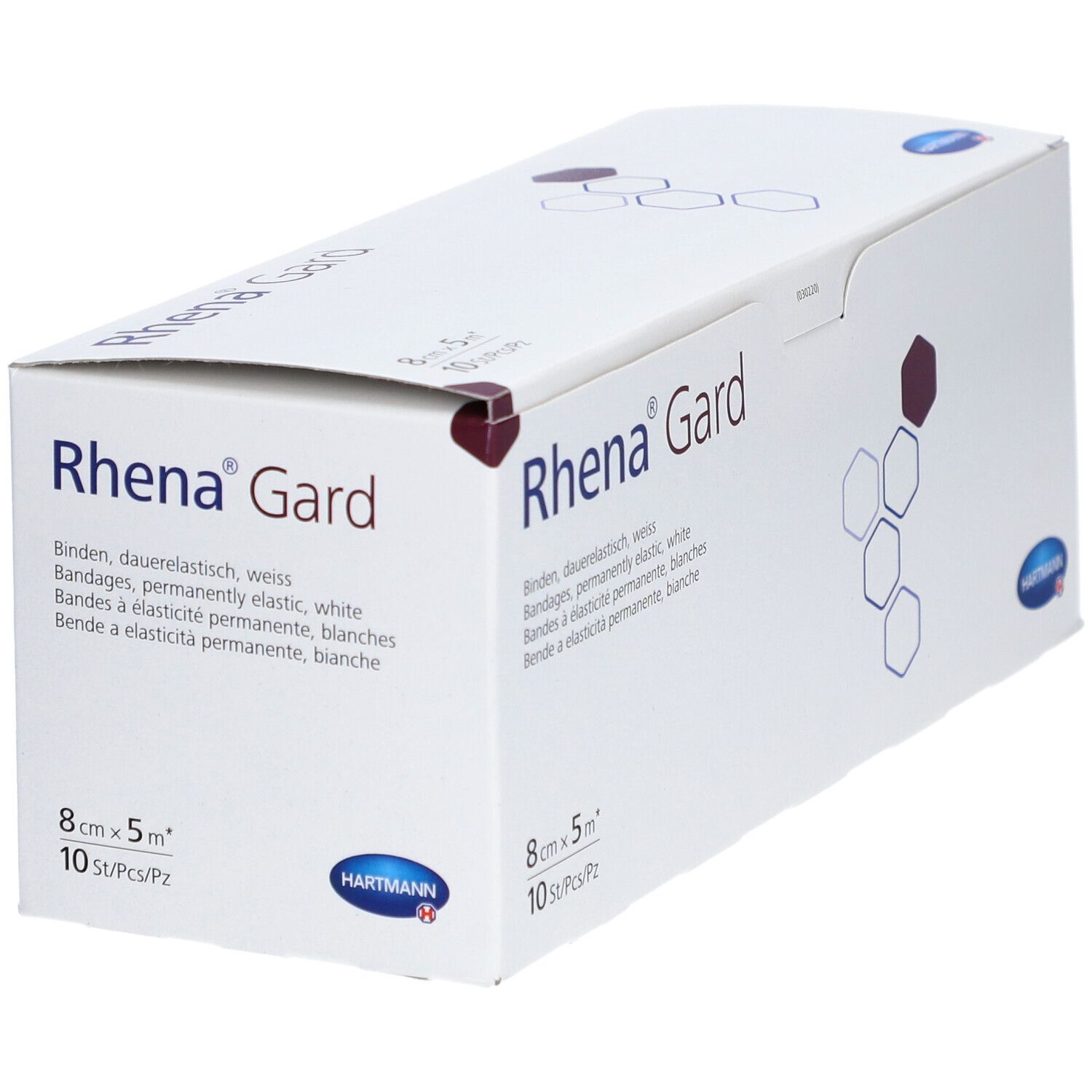 Weiße Verpackung Rhena Gard. Elastische Binden, 8 cm x 5 m, 10 Stück. Hartmann Logo. Ansicht schräg.