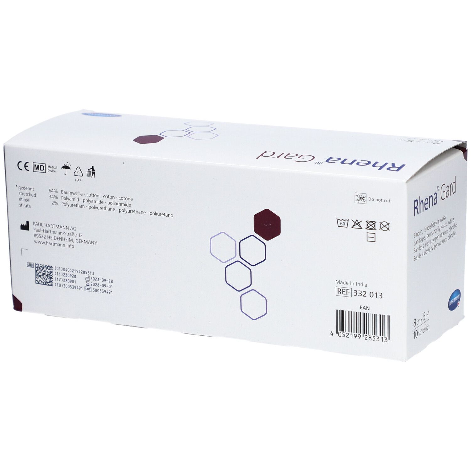 Rückseite der weißen Verpackung Rhena Gard. Produktinformationen, Inhaltsstoffe, Herstellerangaben, Barcode.