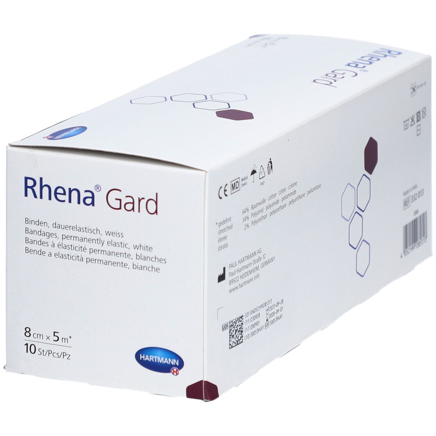 Weiße Verpackung Rhena Gard. Elastische Binden, 8 cm x 5 m, 10 Stück. Hartmann Logo. Schräge Ansicht.