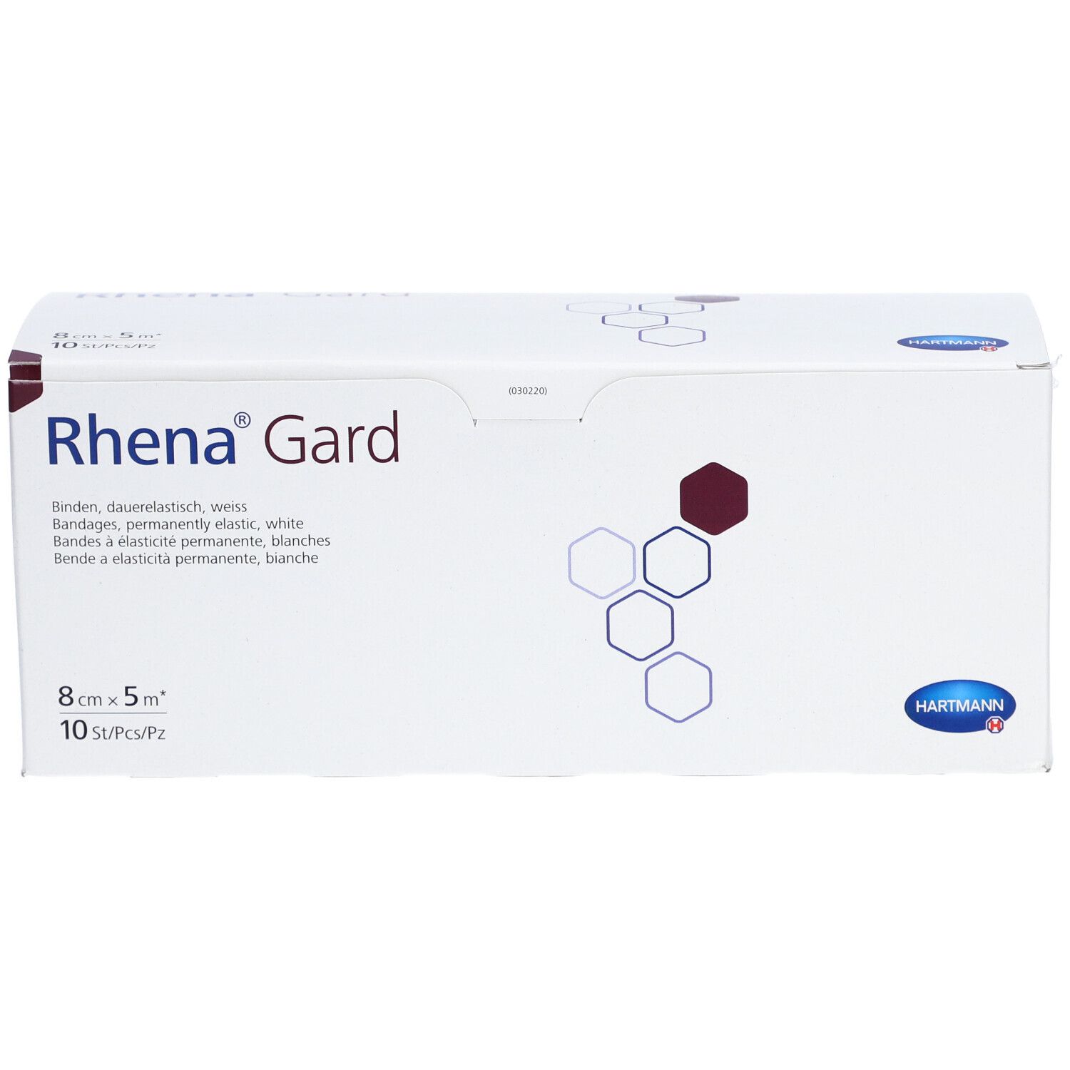 Weiße Verpackung Rhena Gard. Elastische Binden, 8 cm x 5 m, 10 Stück. Hartmann Logo. Ansicht schräg.