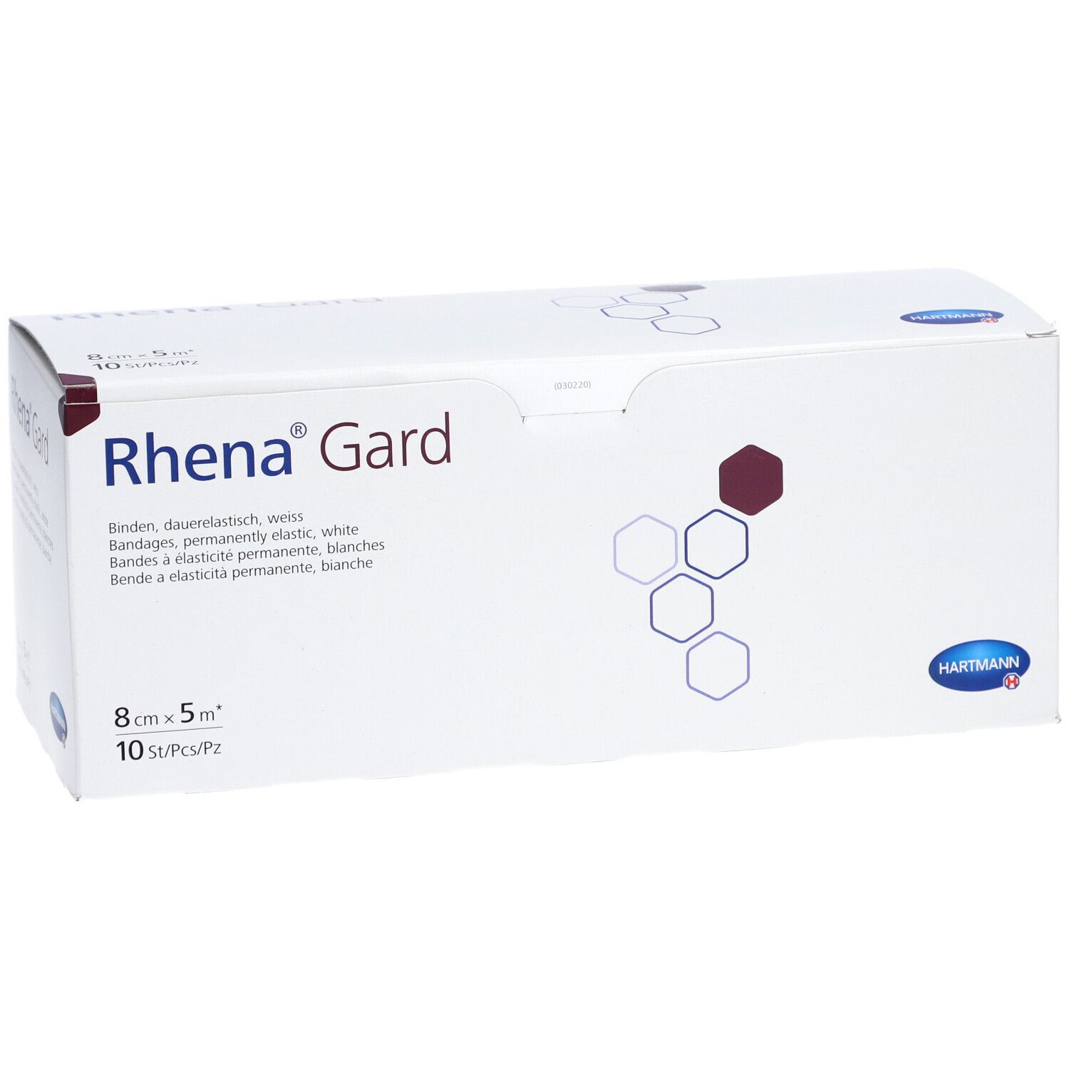 Weiße Verpackung Rhena Gard. Elastische Binden, 8 cm x 5 m, 10 Stück. Hartmann Logo. Ansicht schräg.
