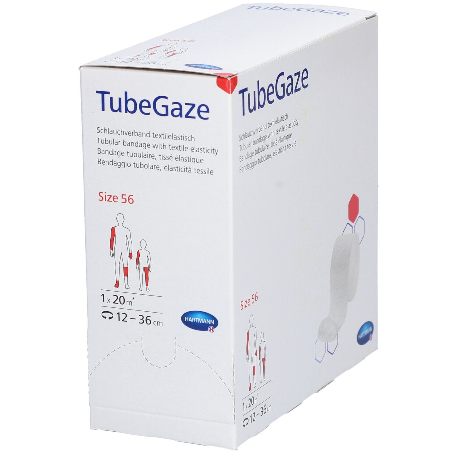 Emballage TubeGaze. Taille 56. Bandage tubulaire avec élasticité textile. 1,20 m x 12-36 cm. Logo Hartmann. Illustration du produit.