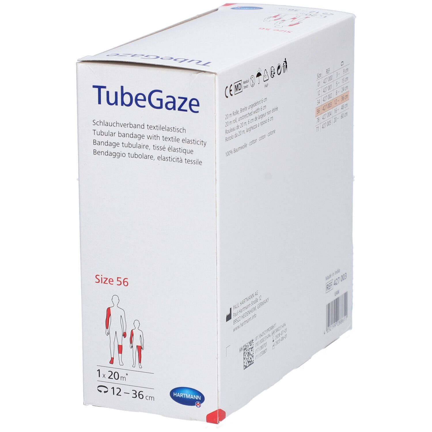 Emballage TubeGaze. Taille 56. Bandage tubulaire avec élasticité textile. 1,20 m x 12-36 cm. Logo Hartmann. Illustration du produit.