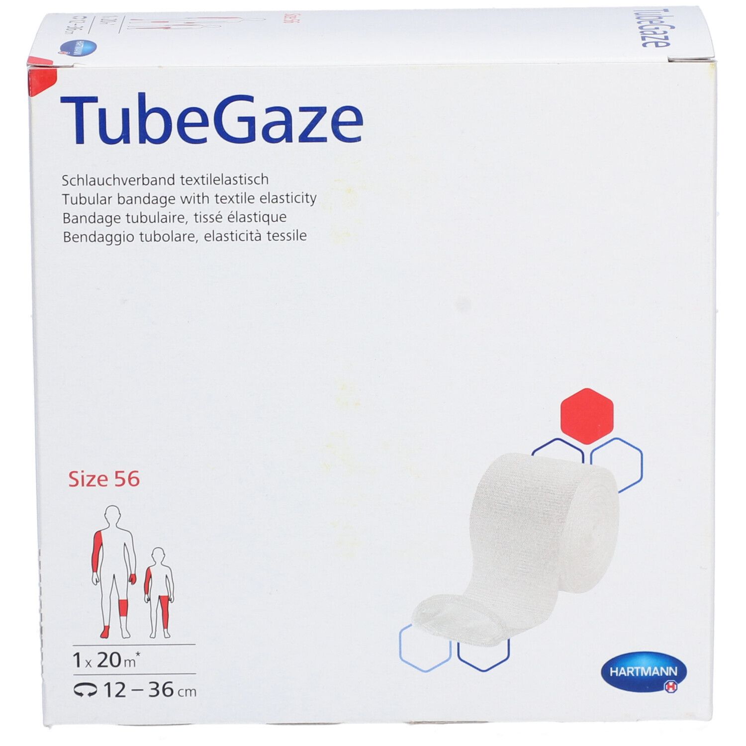 Emballage TubeGaze. Taille 56. Bandage tubulaire avec élasticité textile. 1,20 m x 12-36 cm. Logo Hartmann. Produit et emballage.