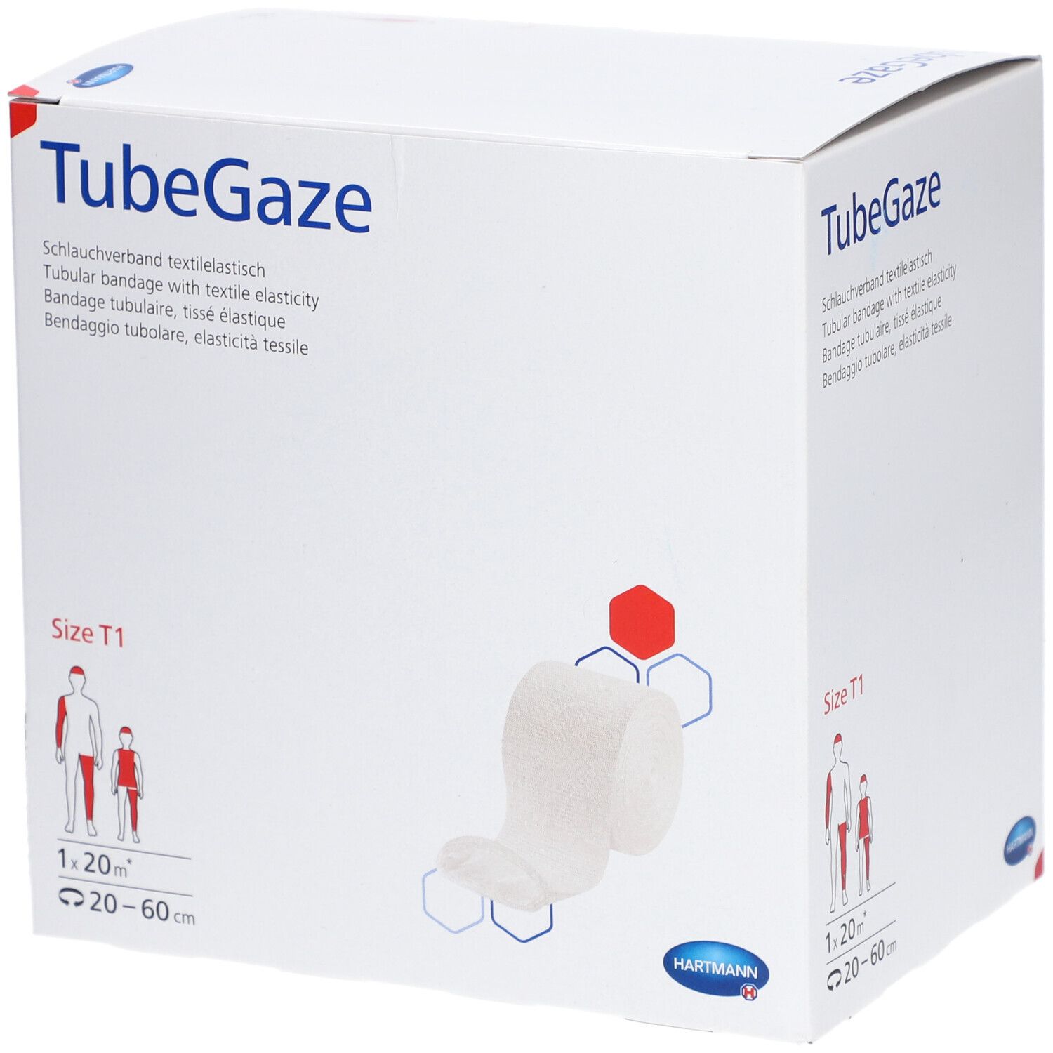 Weiße TubeGaze-Verpackung. Aufschrift: TubeGaze, Schlauchverband, Größe T1, 1,20 m x 20-60 cm. Hartmann-Logo.