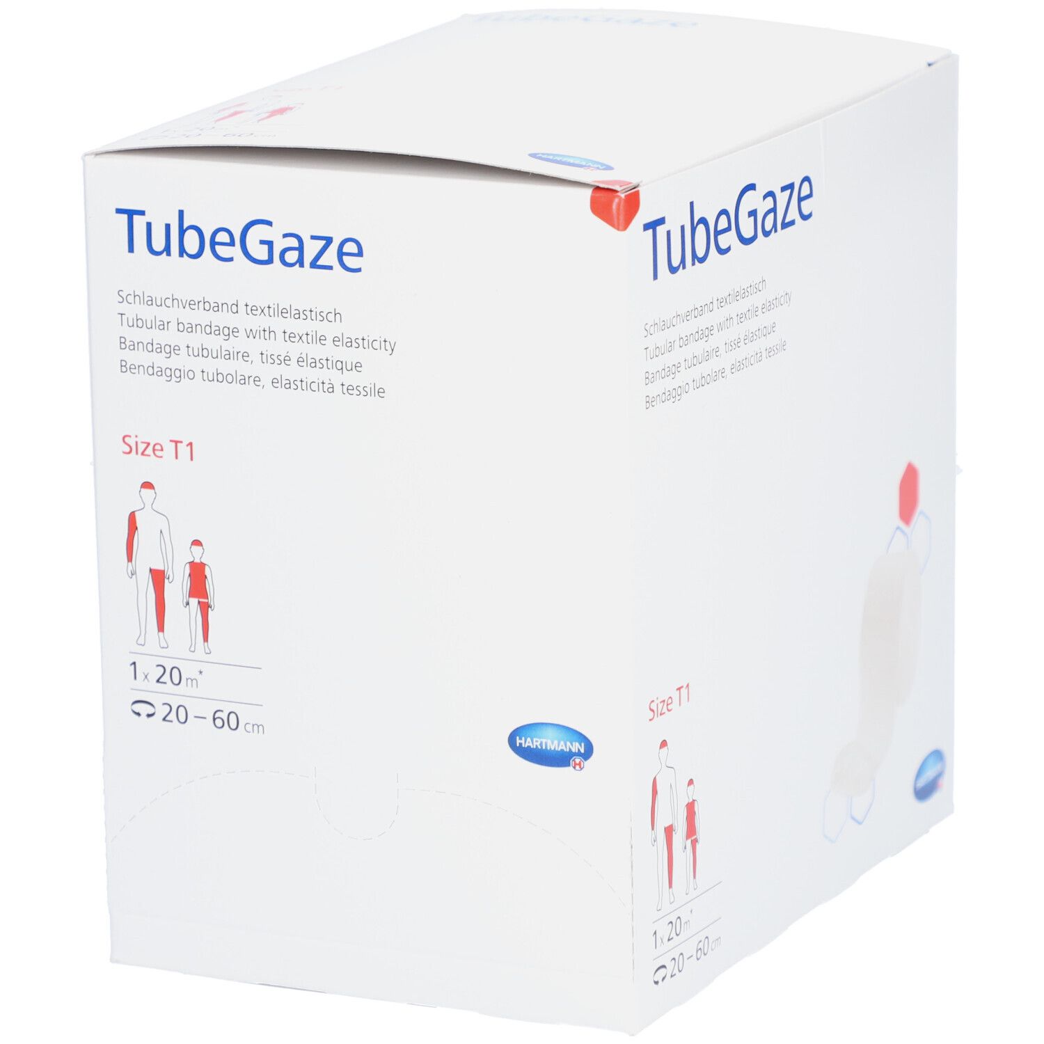Weiße TubeGaze-Verpackung. Aufschrift: TubeGaze, Schlauchverband, Größe T1, 1,20 m x 20-60 cm. Hartmann-Logo.