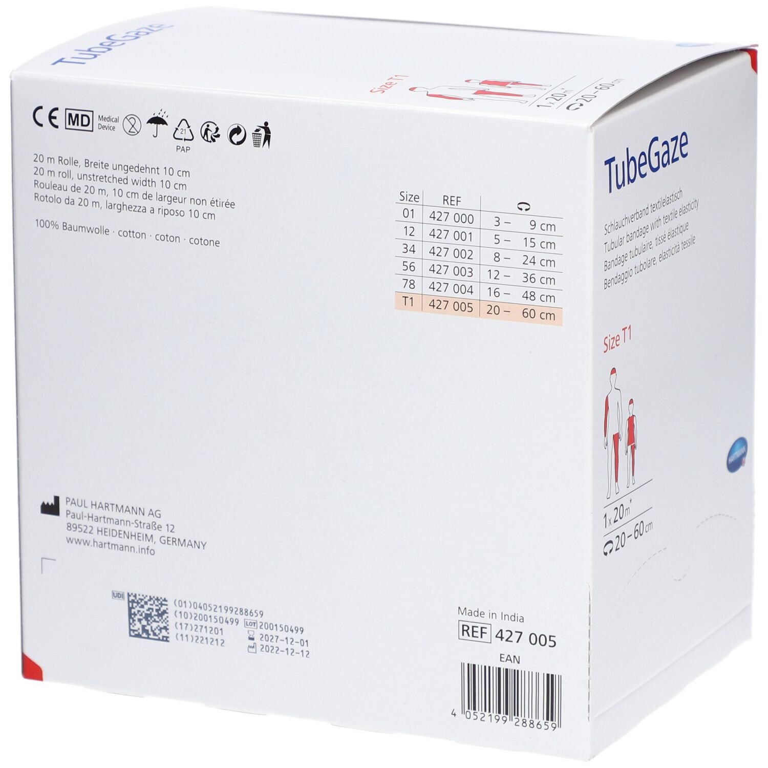 Rückseite der TubeGaze-Verpackung. Aufschrift: TubeGaze, Größenangaben, REF 427 005, EAN-Code, CE-Kennzeichnung, Hartmann-Logo.