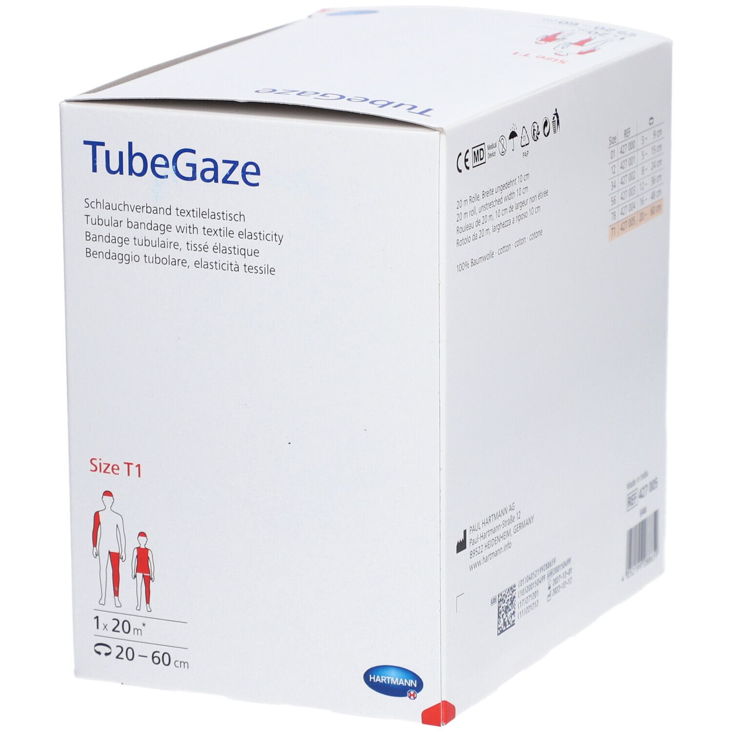 Weiße TubeGaze-Verpackung. Aufschrift: TubeGaze, Schlauchverband, Größe T1, 1,20 m x 20-60 cm. Hartmann-Logo.