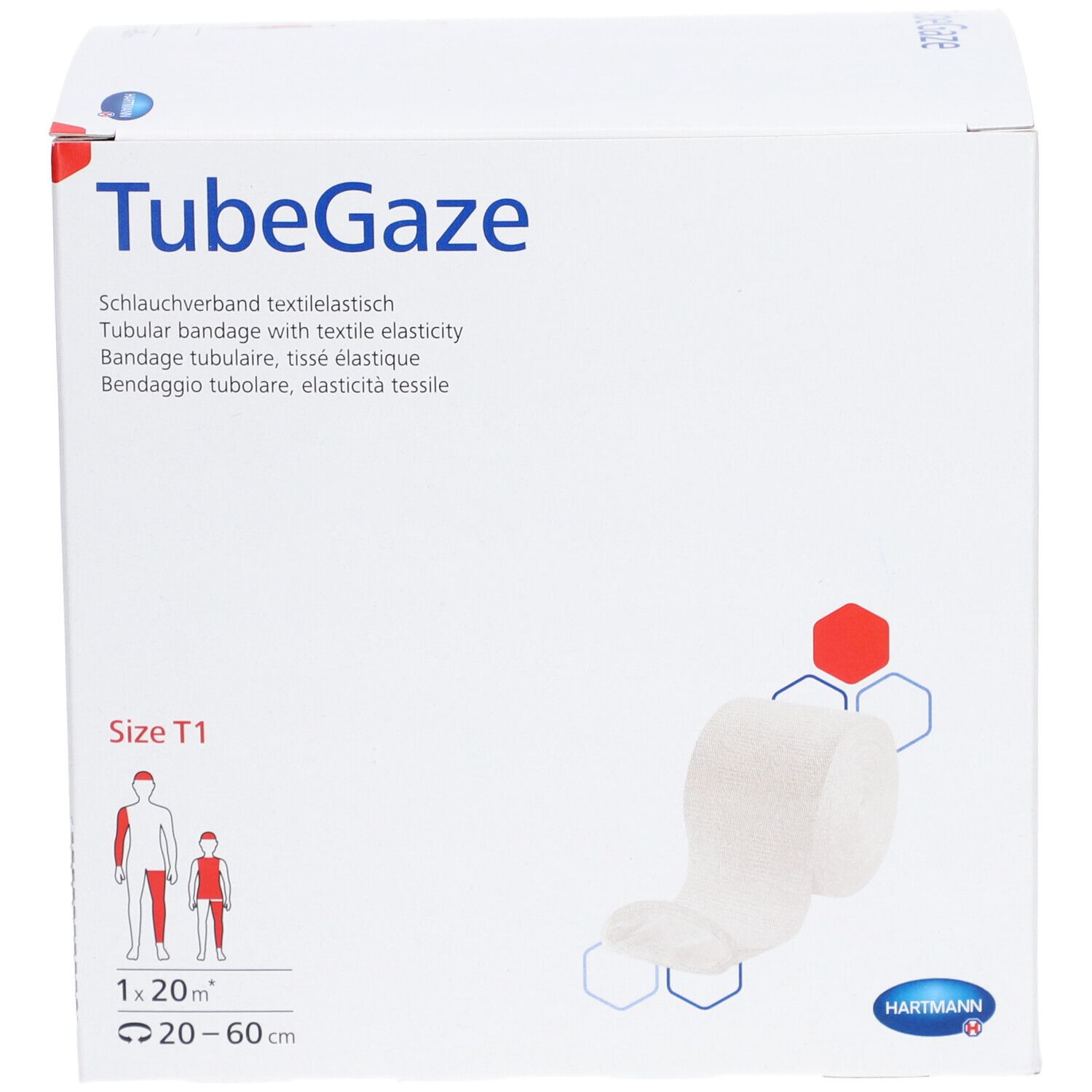 Weiße TubeGaze-Verpackung. Aufschrift: TubeGaze, Schlauchverband, Größe T1, 1 x 20 m x 20-60 cm. Hartmann-Logo.