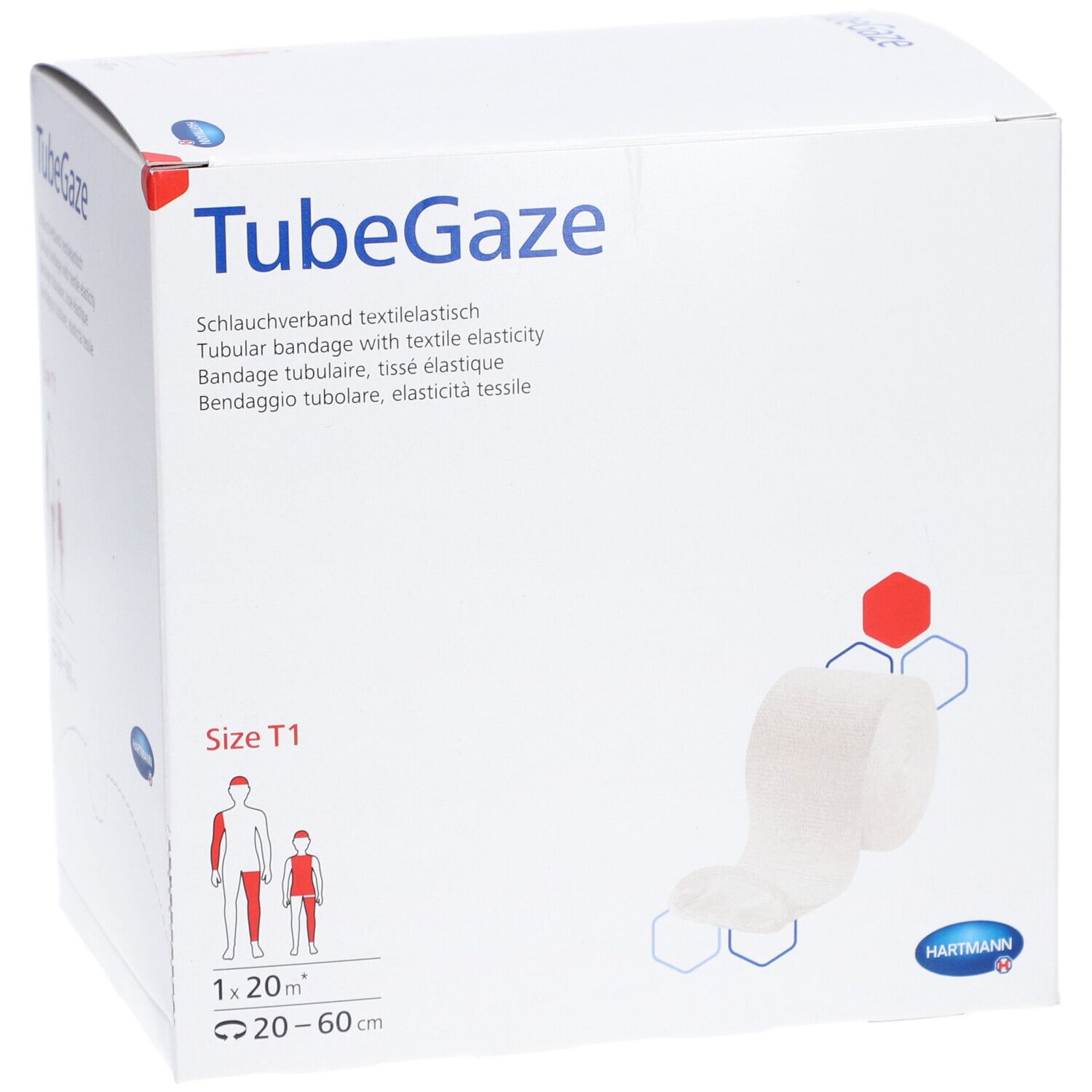 Weiße TubeGaze-Verpackung. Aufschrift: TubeGaze, Schlauchverband, Größe T1, 1 x 20 m x 20-60 cm. Hartmann-Logo.