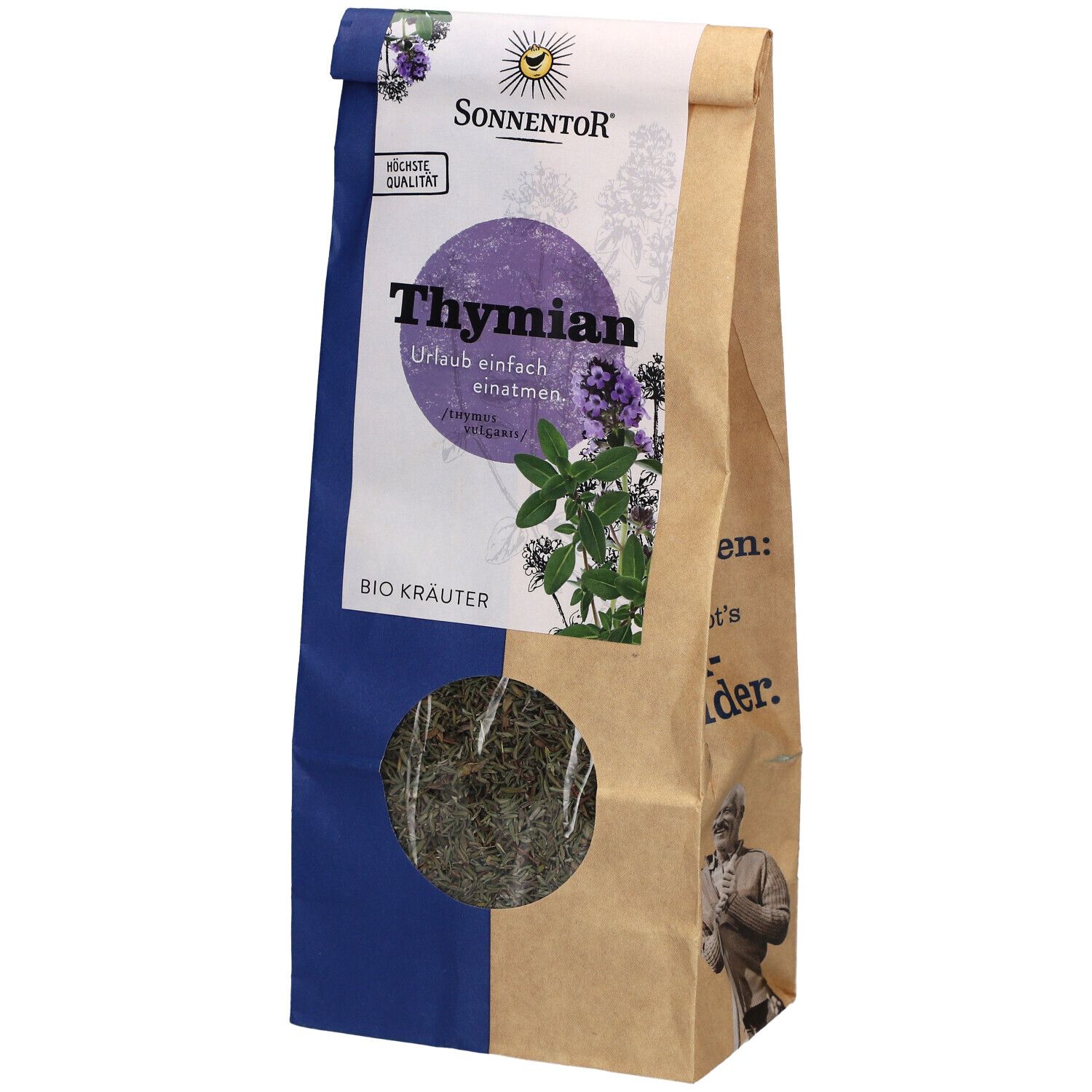 Beutel mit Thymian-Kräutern. Sichtfenster. Marke Sonnentor. Aufschrift: Thymian, Bio Kräuter.