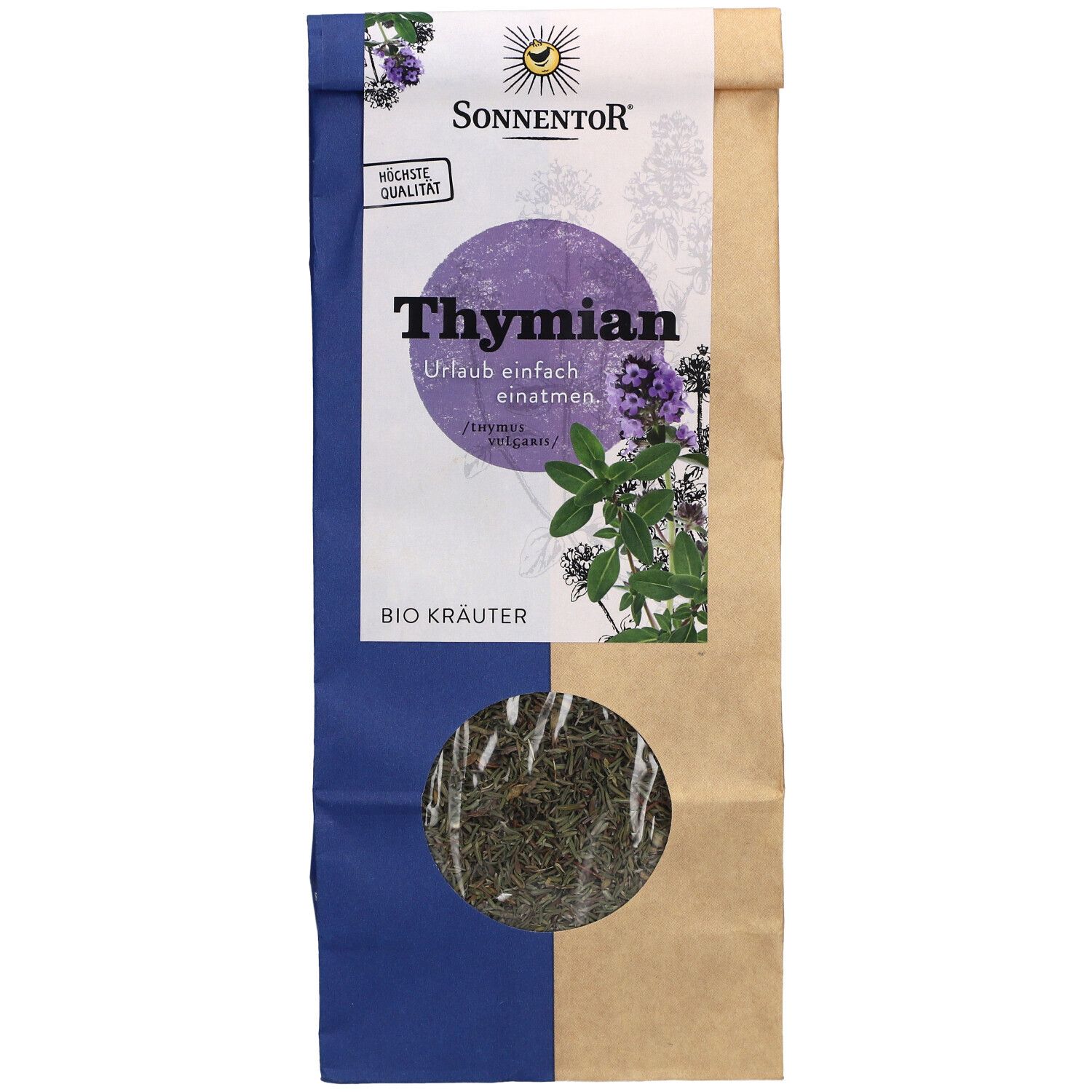 Beutel mit Thymian. Marke Sonnentor. Aufschrift: Thymian, Bio Kräuter. Sichtfenster.