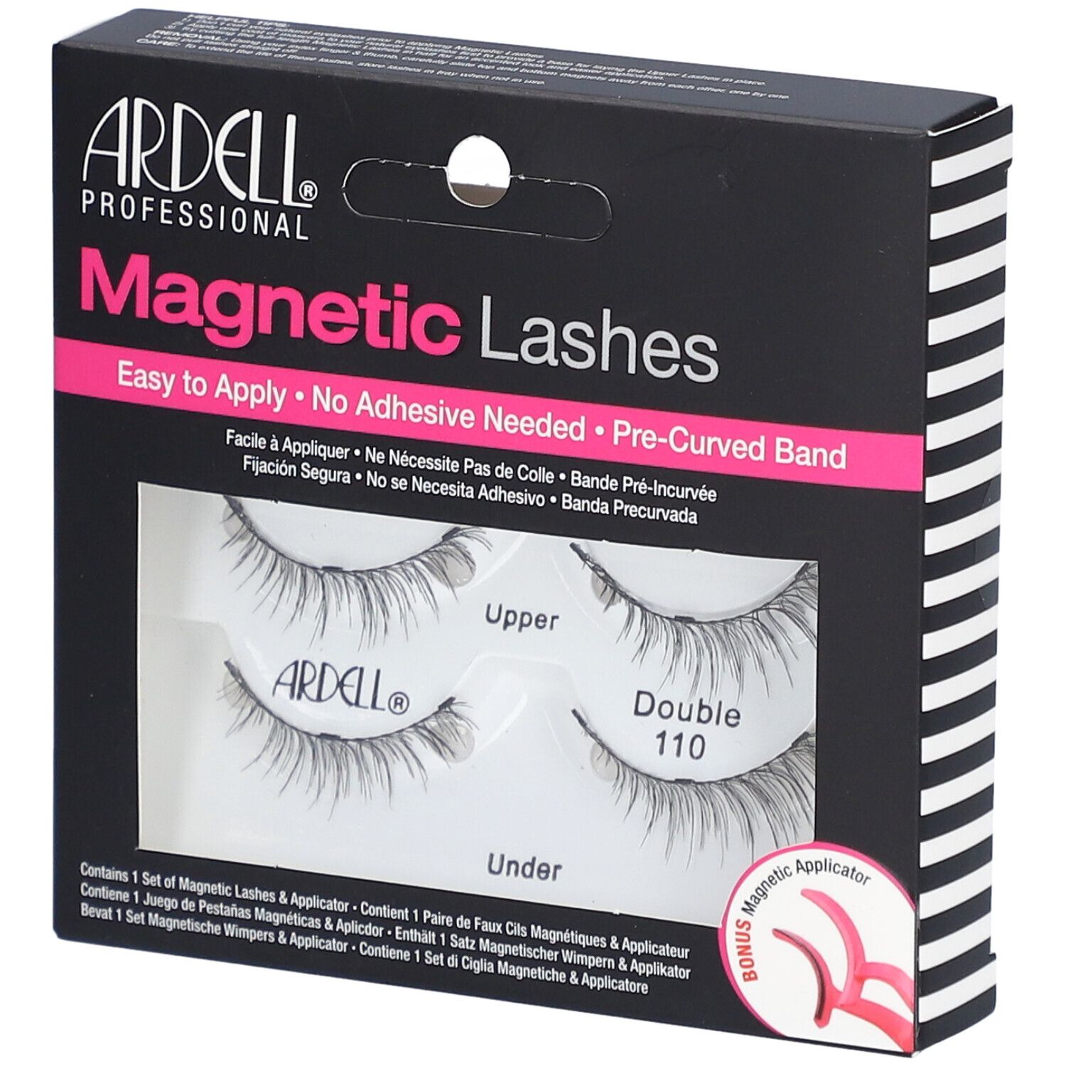 Ardell Magnetic Lashes Double #110 in Verpackung. Enthält Wimpern und Applikator. Schwarze Verpackung mit Produktnamen.