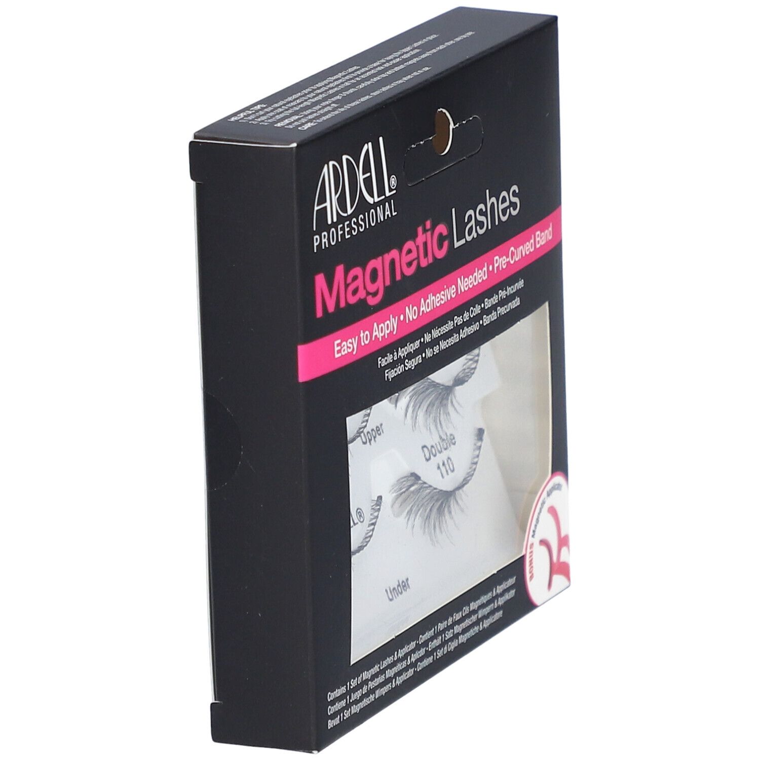 Ardell Magnetic Lashes Double #110, Seitenansicht der Verpackung. Schwarze Schachtel mit Produktnamen und -details.