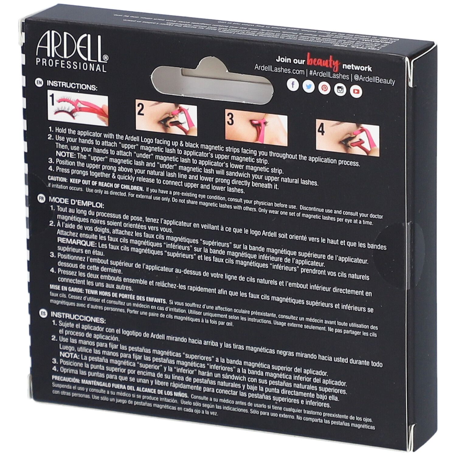 Rückseite der Ardell Magnetic Lashes Verpackung. Anweisungen in mehreren Sprachen. Enthält Abbildungen zur Anwendung.