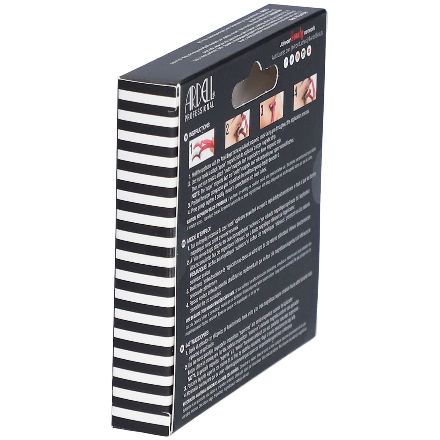 Seitenansicht der Ardell Magnetic Lashes Verpackung. Anweisungen und Produktinformationen aufgedruckt.
