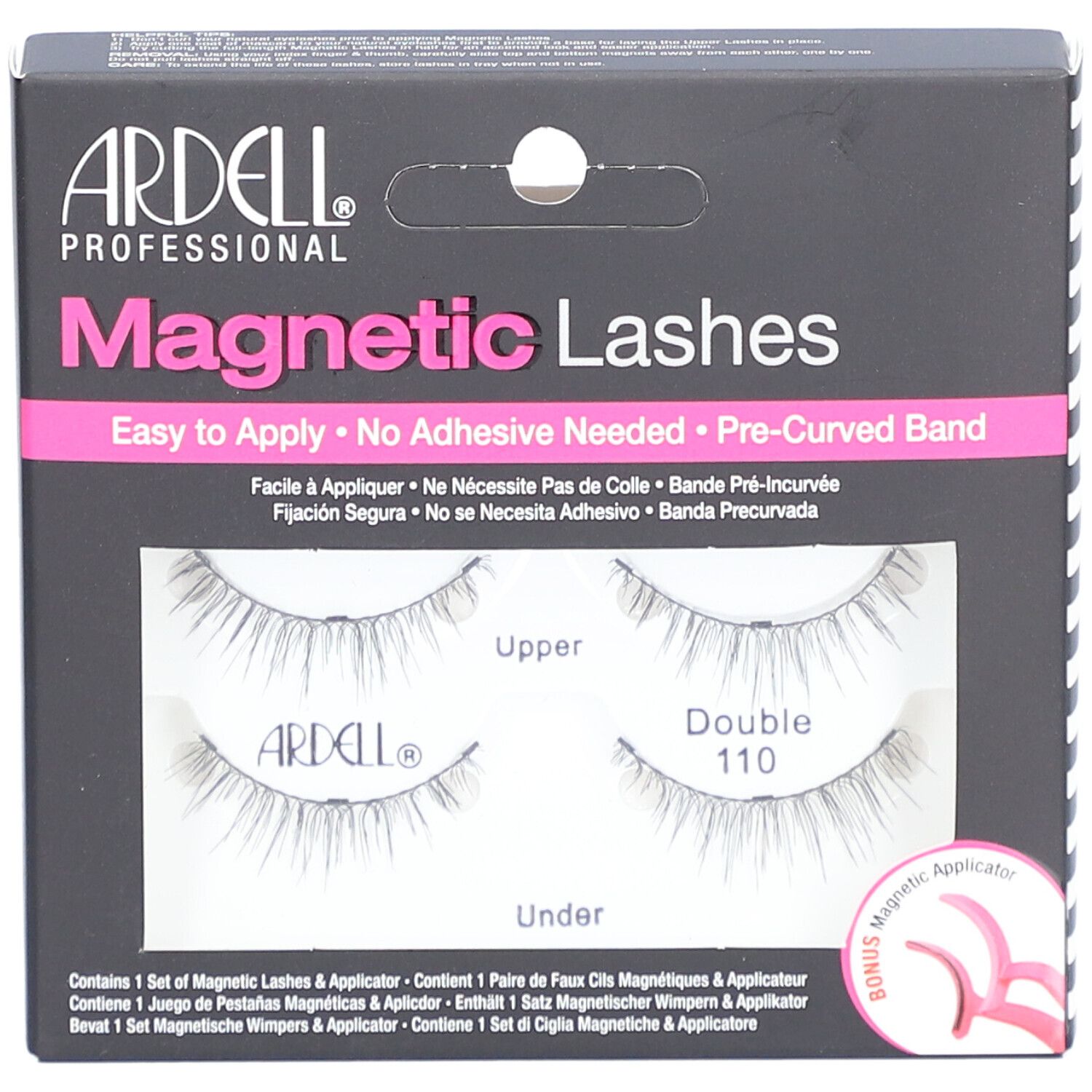 Ardell Magnetic Lashes Double #110 in Verpackung. Enthält Wimpern und Applikator. Schwarze Verpackung mit Produktnamen.