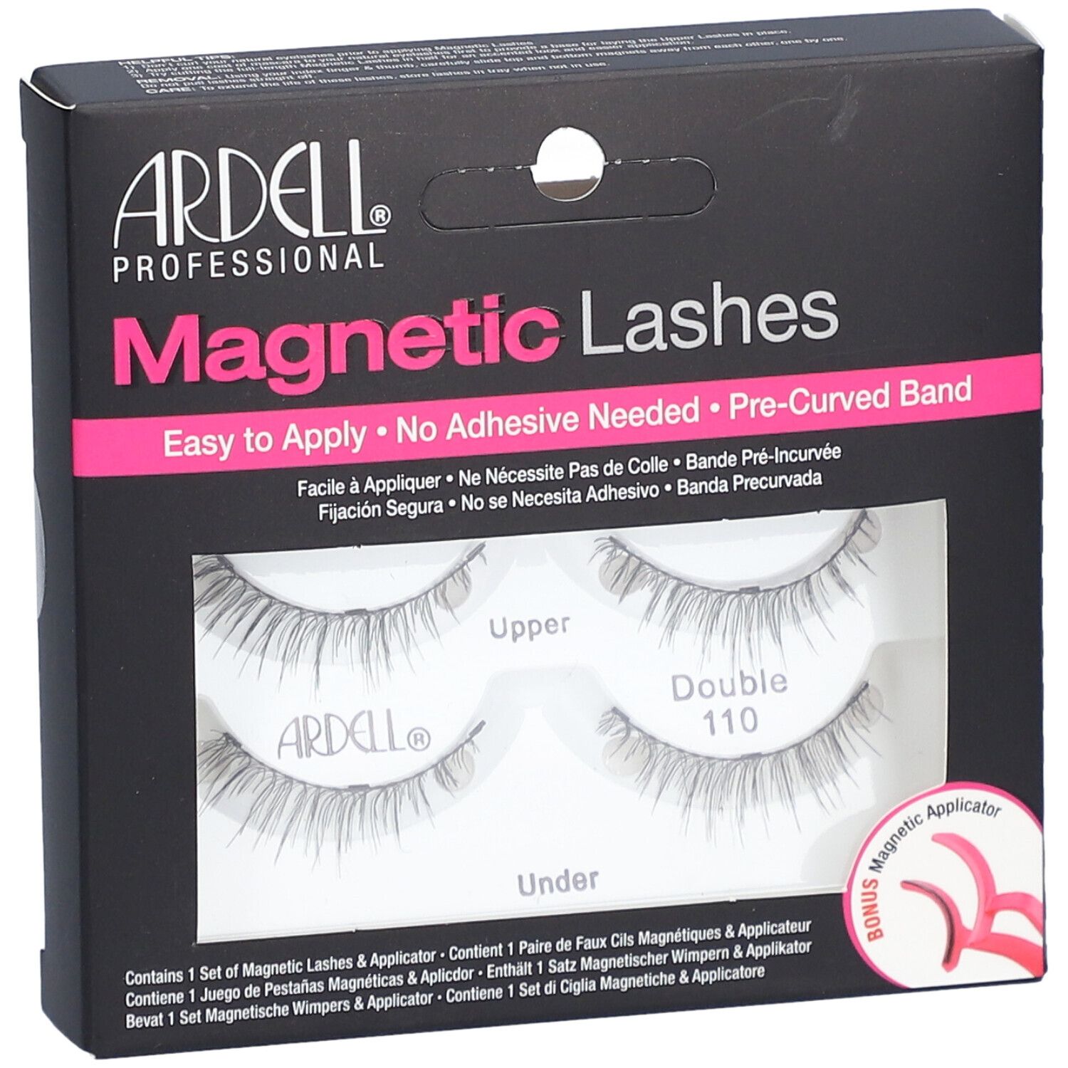 Ardell Magnetic Lashes Double #110 in Verpackung. Enthält Wimpern und Applikator. Schwarze Verpackung mit Produktnamen.