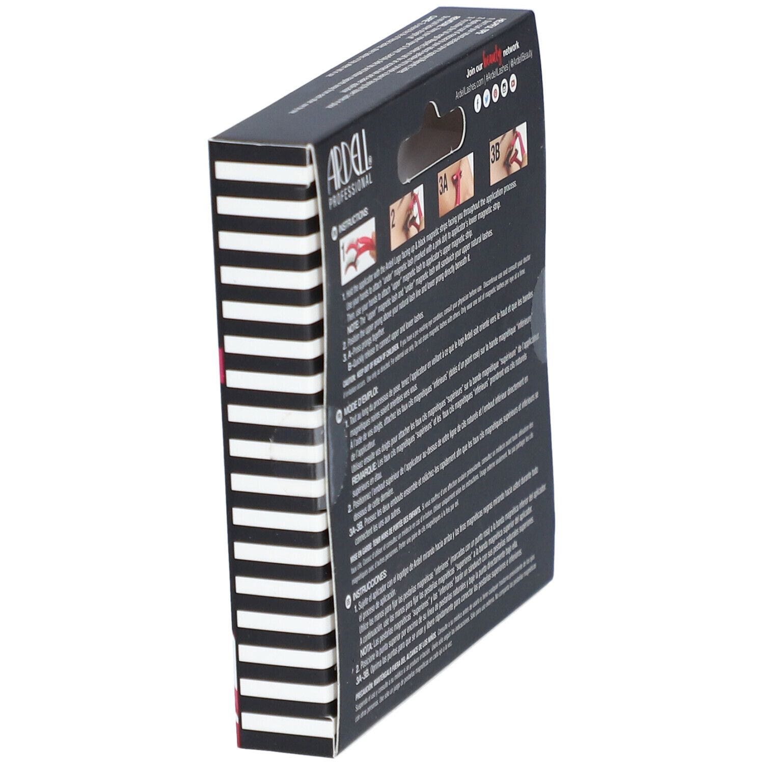 Vue latérale de la boîte. Rayures noires et blanches. Instructions et informations produit.